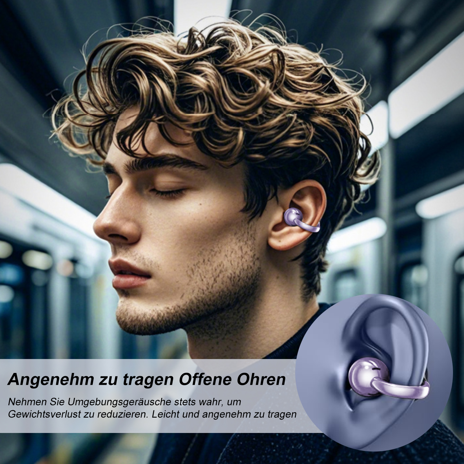 Ein Mann mit einem Ohrhörer im Ohr. Der Ohrhörer ist lila. Text auf Deutsch beschreibt Komfort und offene Ohren.