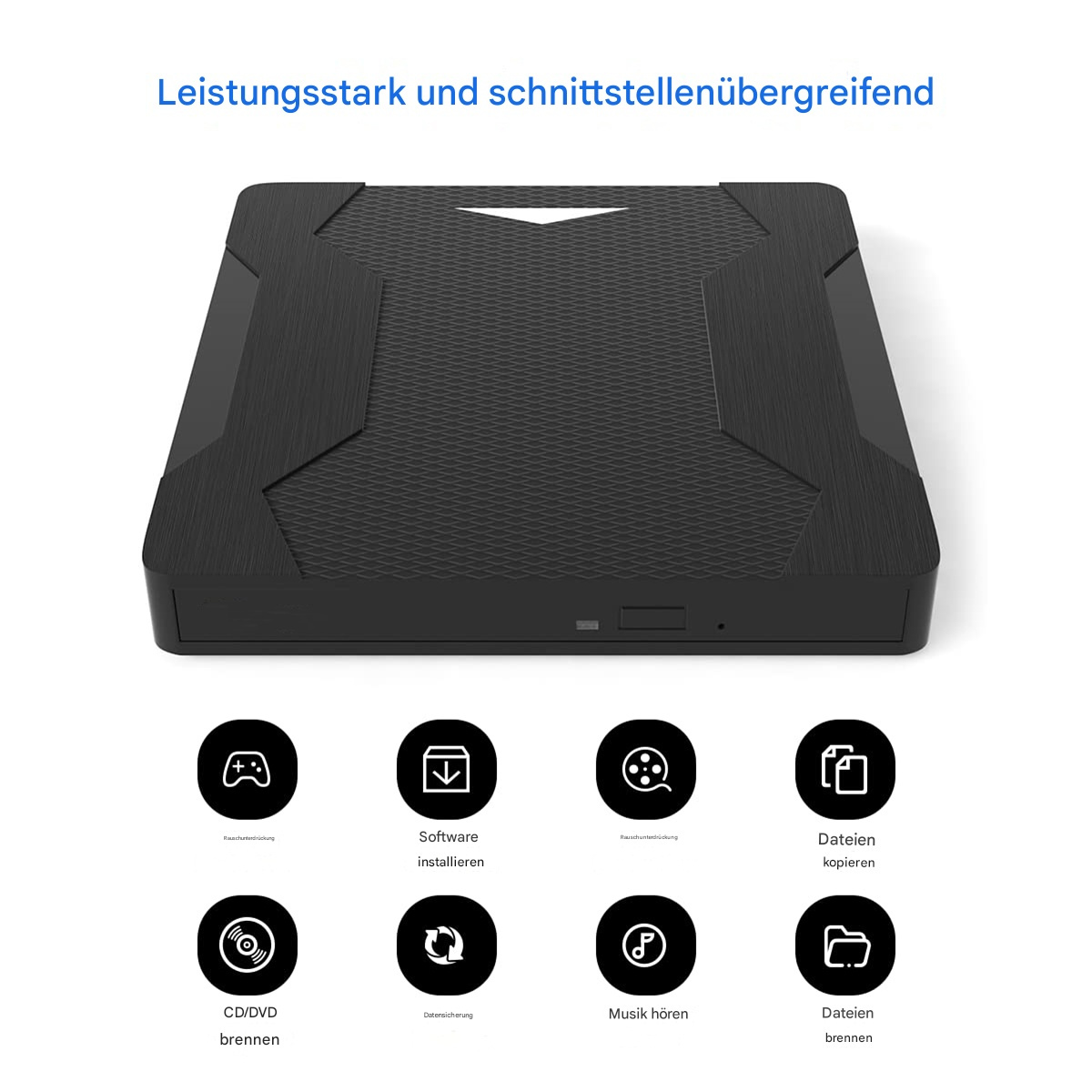 Schwarzes Gerät mit Icons für Spiele, Software installieren usw.