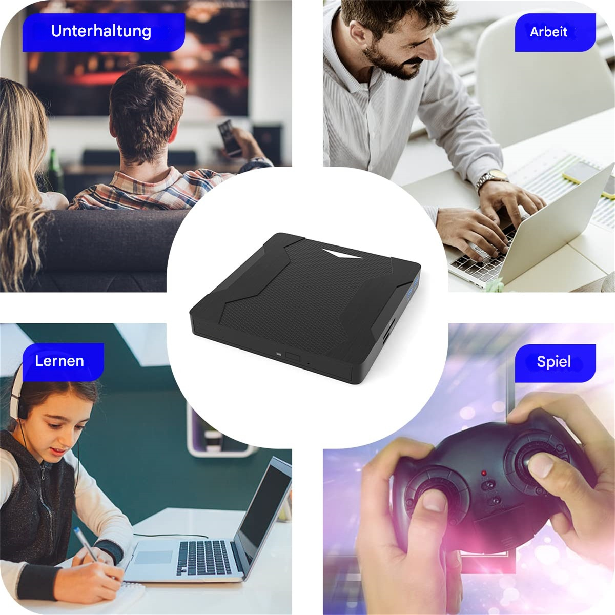 Bilder, die ein Gerät für Unterhaltung, Arbeit, Lernen und Gaming zeigen.