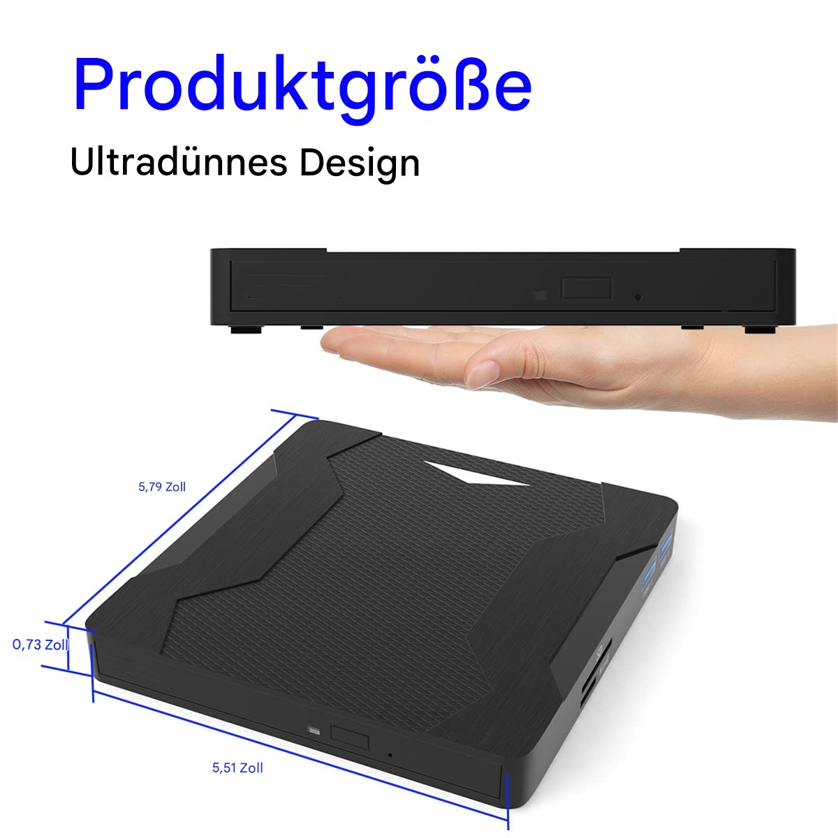 Schwarzes DVD-Laufwerk mit Abmessungen und einer Hand, die es hält.
