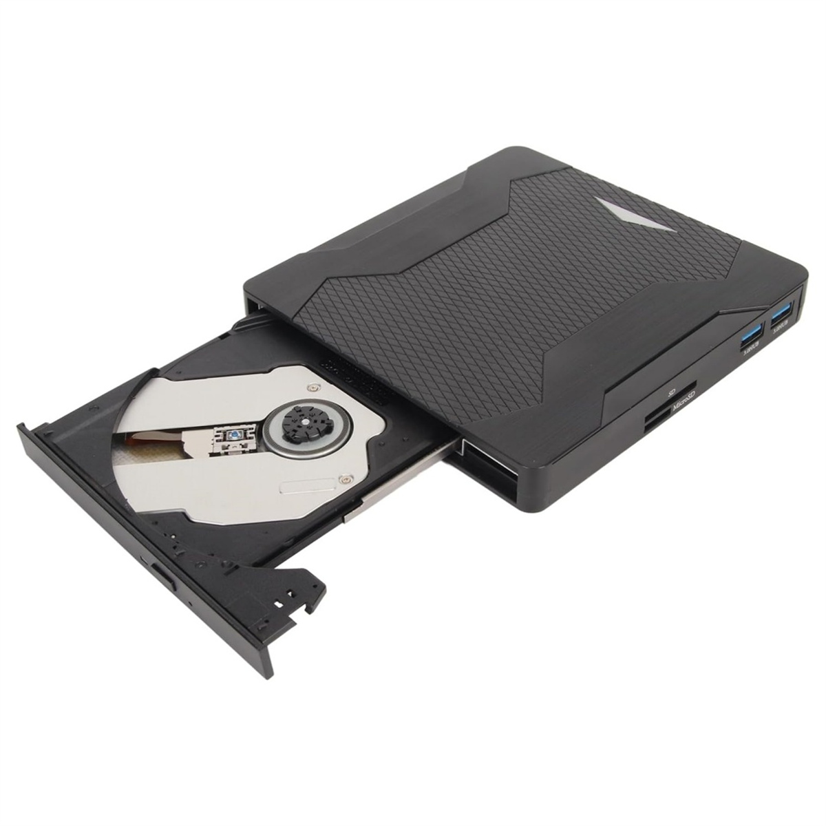 Schwarzes DVD-Laufwerk mit geöffnetem Fach, zeigt das Fach für die Disc.