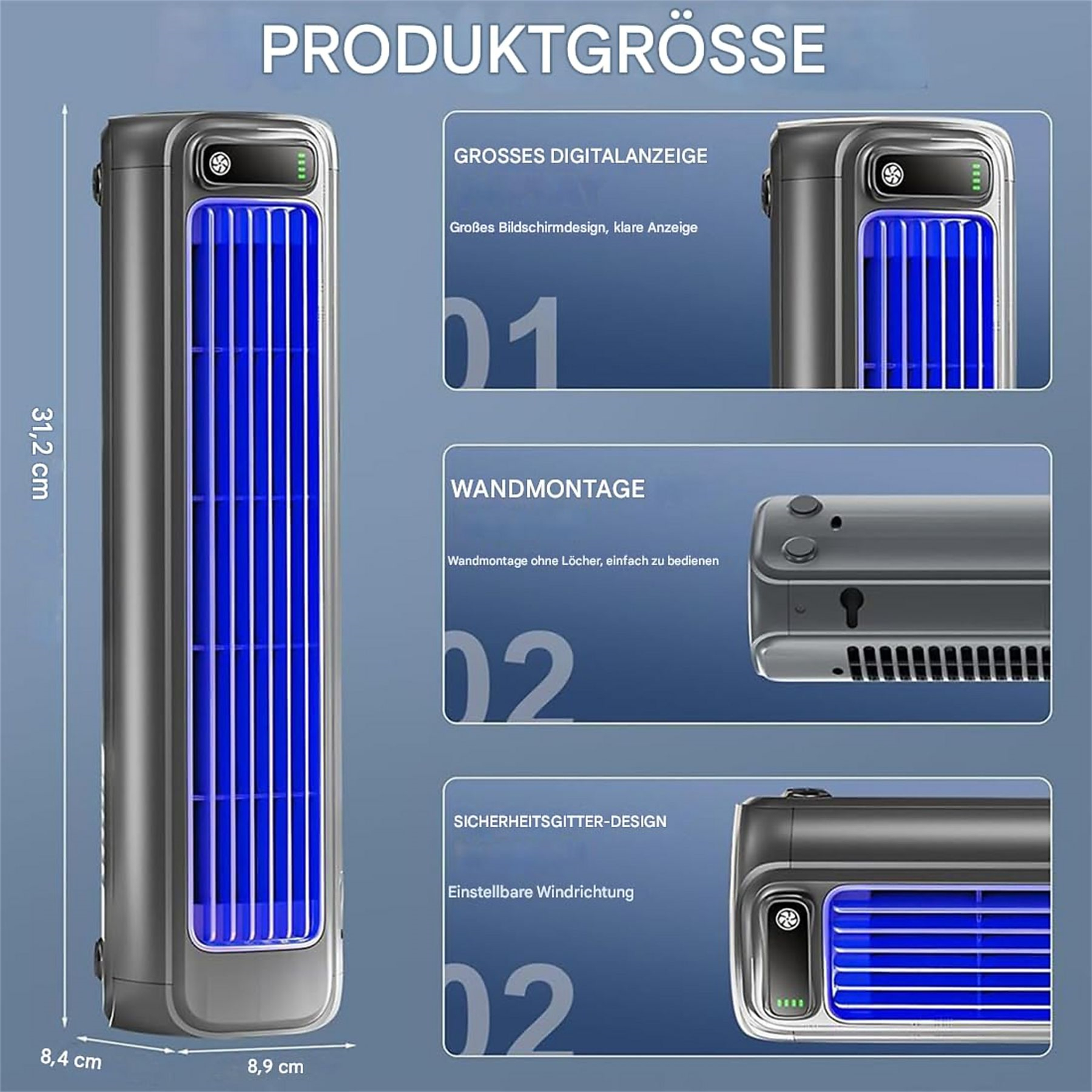 Ein hoher, grauer Luftkühler mit blauen Lüftungsschlitzen. Abmessungen sind angezeigt, Höhe und Breite.