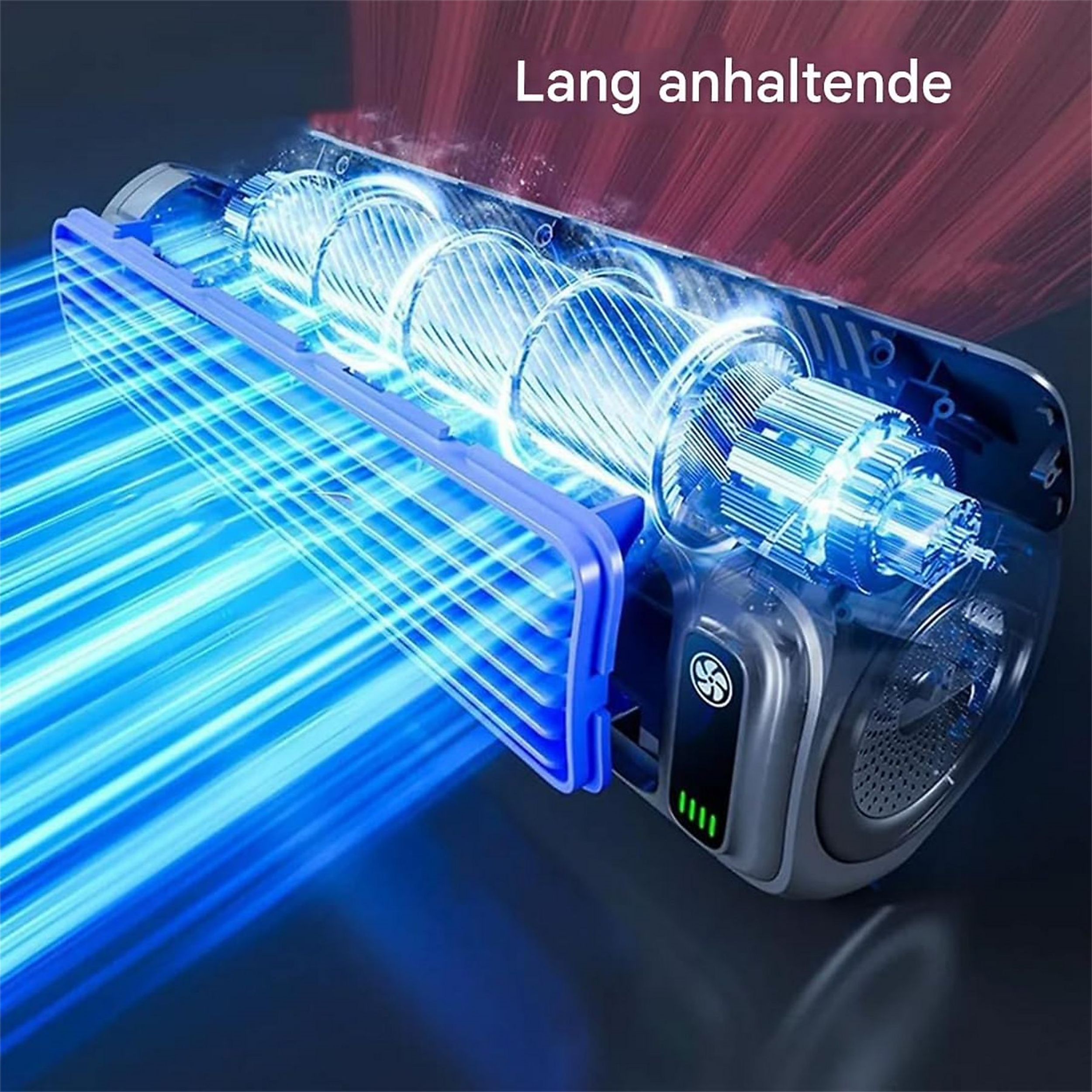 Transparente Ansicht der inneren Komponenten eines blau beleuchteten Luftreinigers, Design hervorheben.