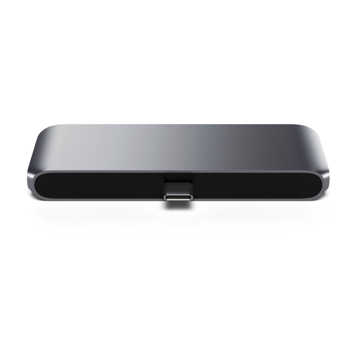 Un hub rettangolare argentato con una porta USB-C sulla parte anteriore, isolato su sfondo bianco.