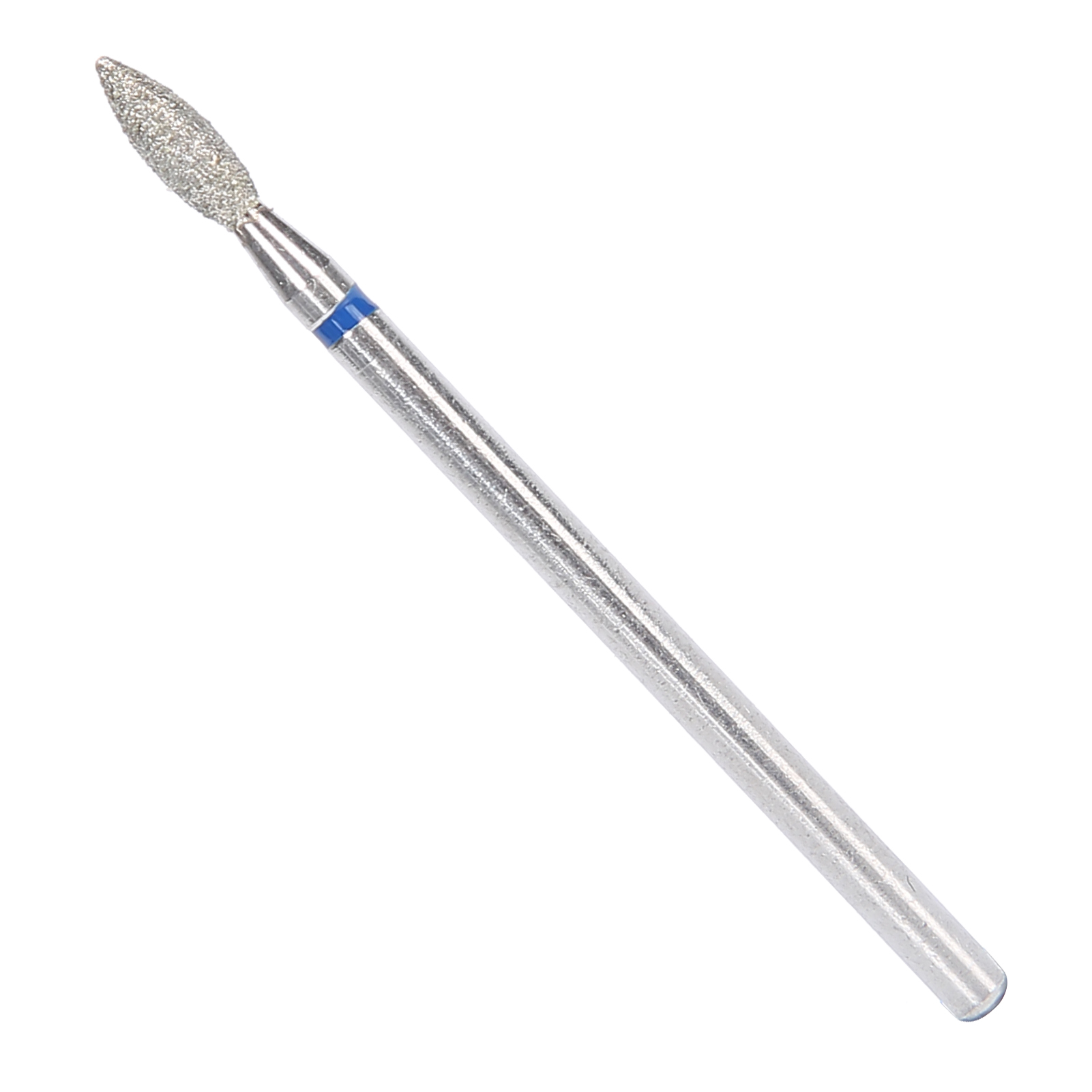 Ein langer, silberner Nagelfräser mit rautenförmiger Spitze, vor weißem Hintergrund.