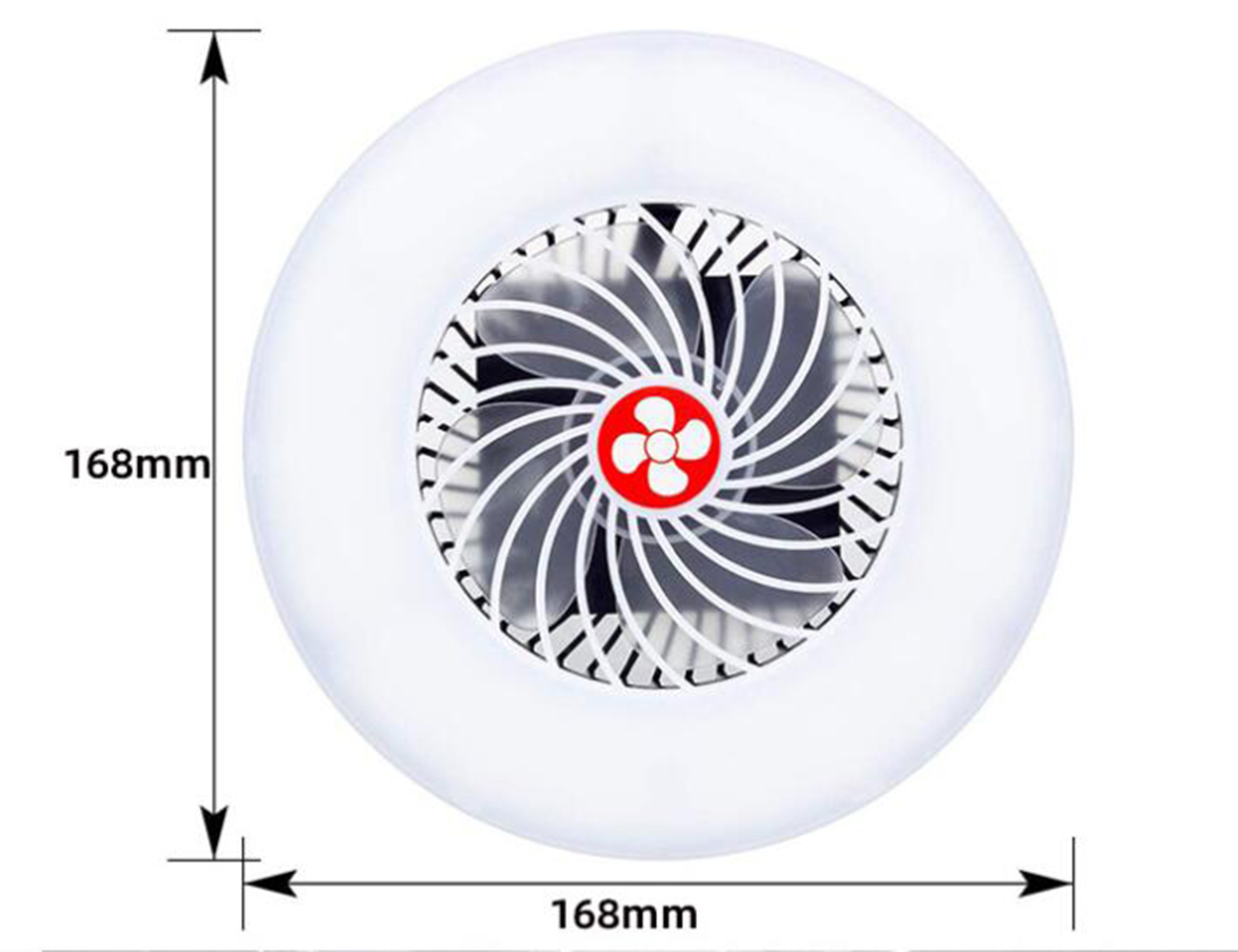 Ein runder Ventilator mit rotem blütenförmigen Zentrum, umgeben von einem weißen Ring, mit Maßen.