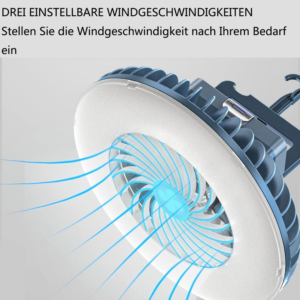 Ein Ventilator mit blauen Luftströmungen. Deutscher Text beschreibt einstellbare Windgeschwindigkeiten.