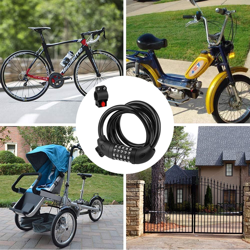 Ein Fahrradschloss, gezeigt mit einem Fahrrad, Roller, Kinderwagen und Tor, was seine Vielseitigkeit suggeriert.