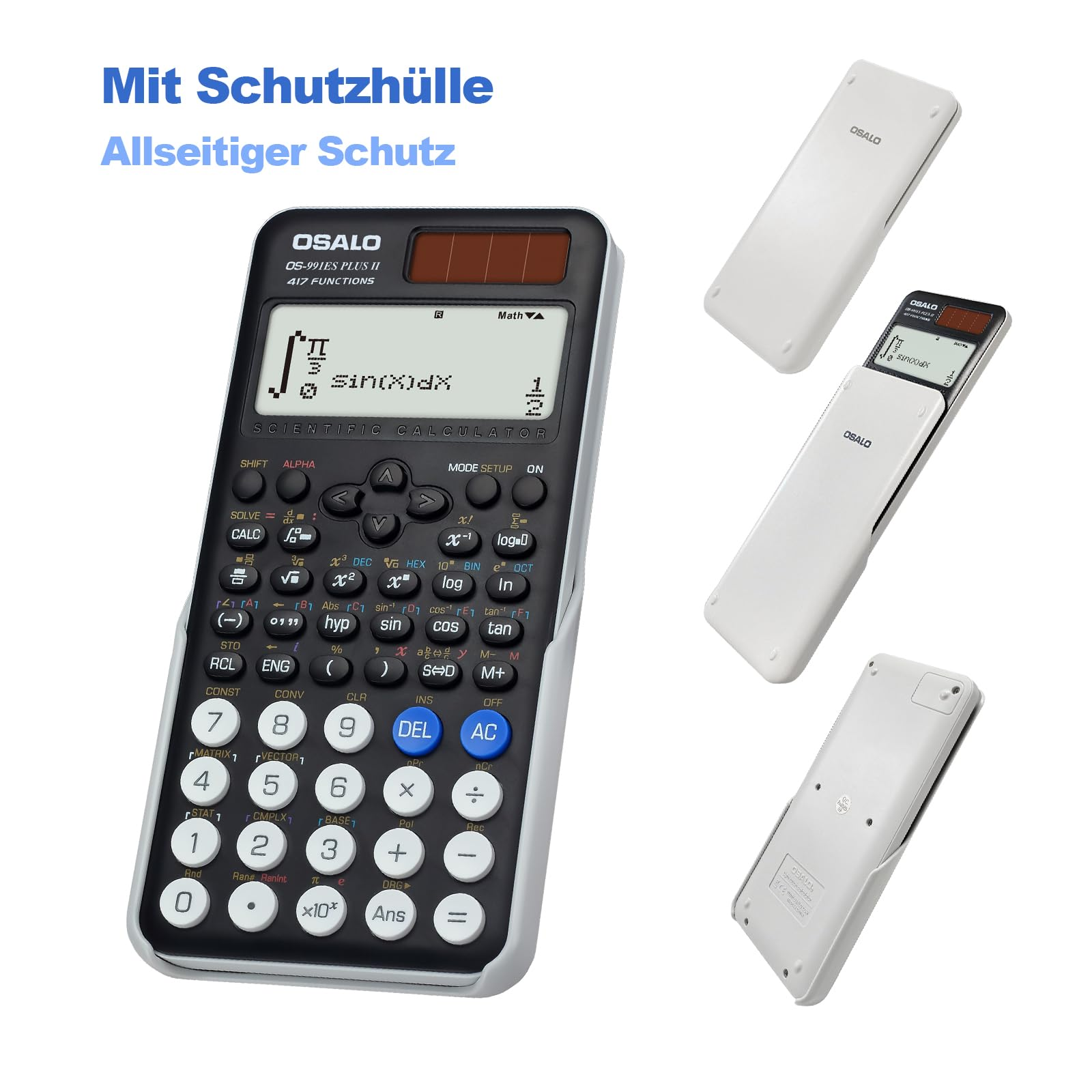 Wissenschaftlicher Taschenrechner mit weißem Gehäuse und Abdeckung, wobei die Abdeckung geöffnet ist.
