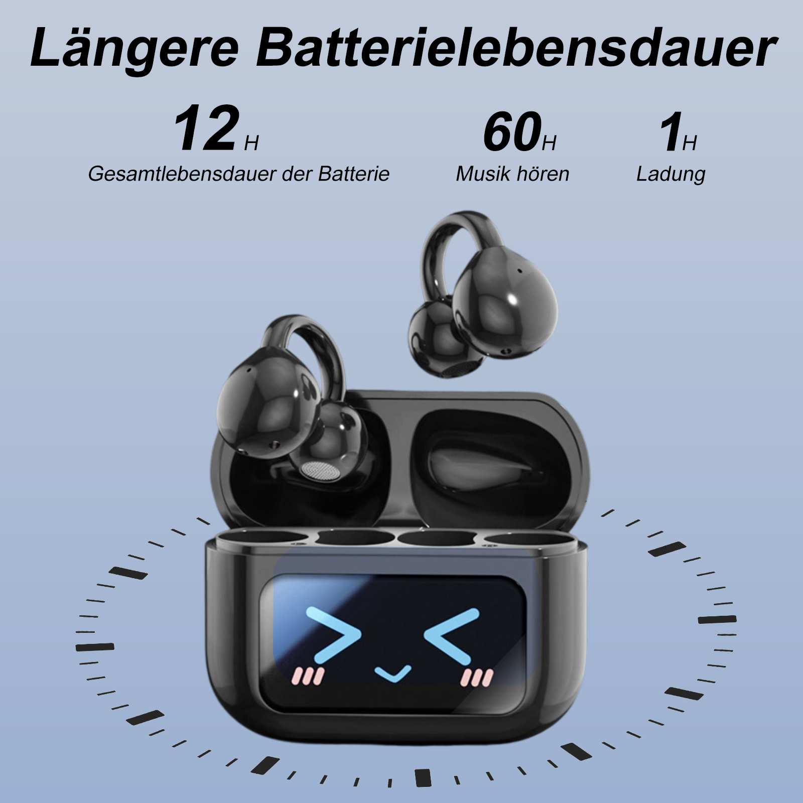 Ein Ladecase mit kabellosen Ohrhörern und einem Display, das die Akkulaufzeit und ein lächelndes Gesichts-Symbol anzeigt.