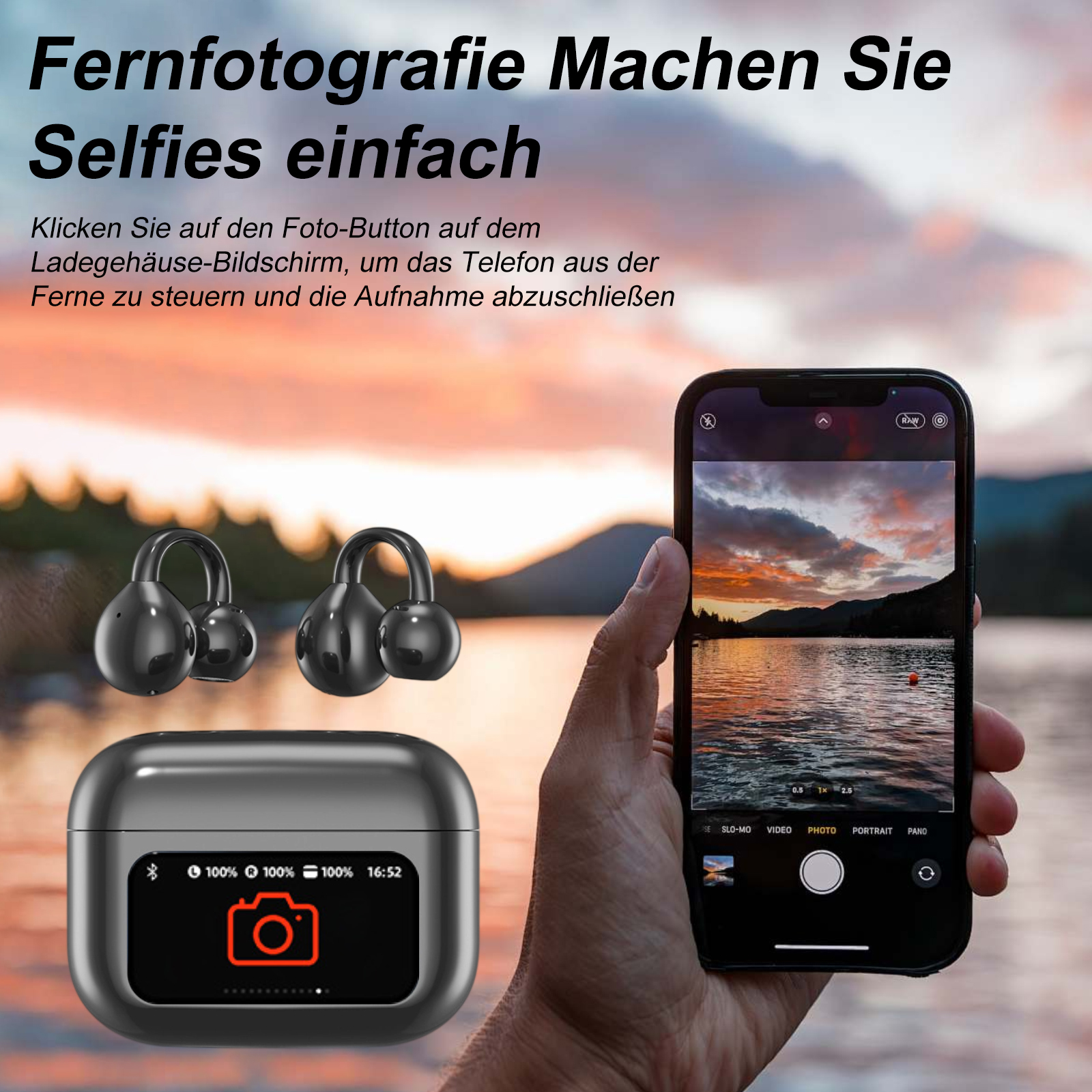 Eine Person, die ein Telefon mit einem Sonnenuntergangsfoto hält, mit kabellosen Ohrhörern und einem Ladecase im Bild.