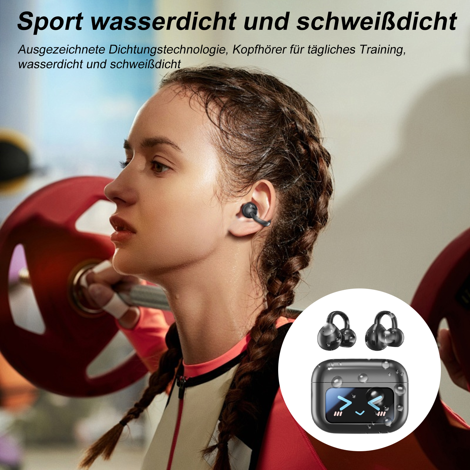 Eine Frau mit Sportkopfhörern, mit einem Ladeetui und zusätzlichen Ohrhöreroptionen.