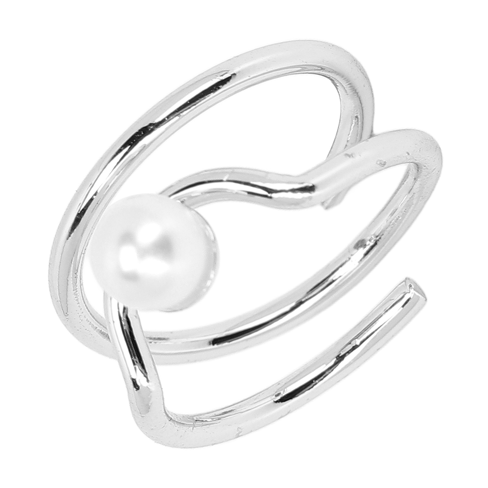 Ein silberner Ring mit einer weißen Perle. Der Ring ist auf einer Seite offen.