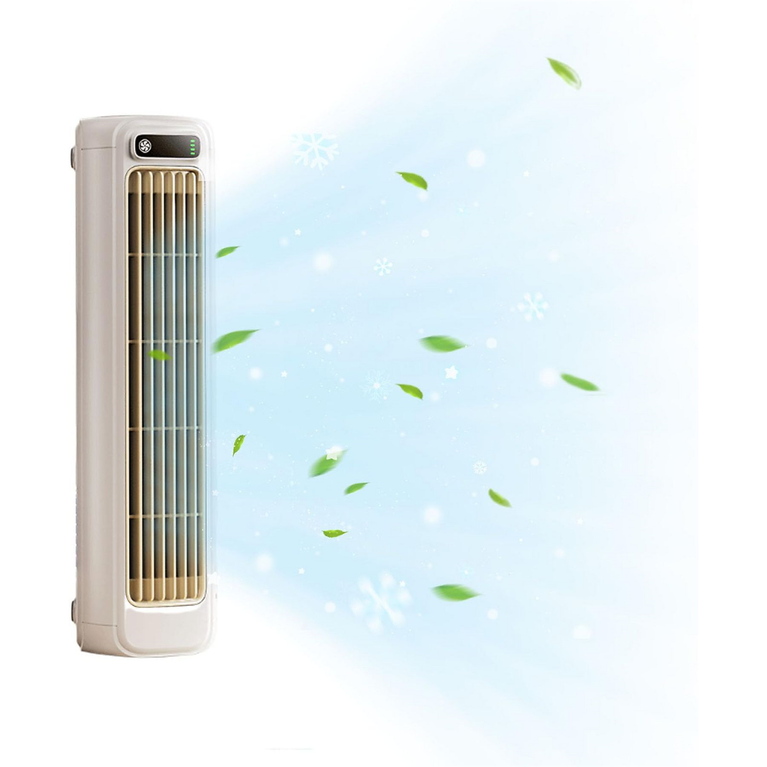 Ein weißer Ventilator mit einem hohen, schlanken Design. Der Ventilator hat ein Licht und einen Luftstrom, der von ihm ausgeht.
