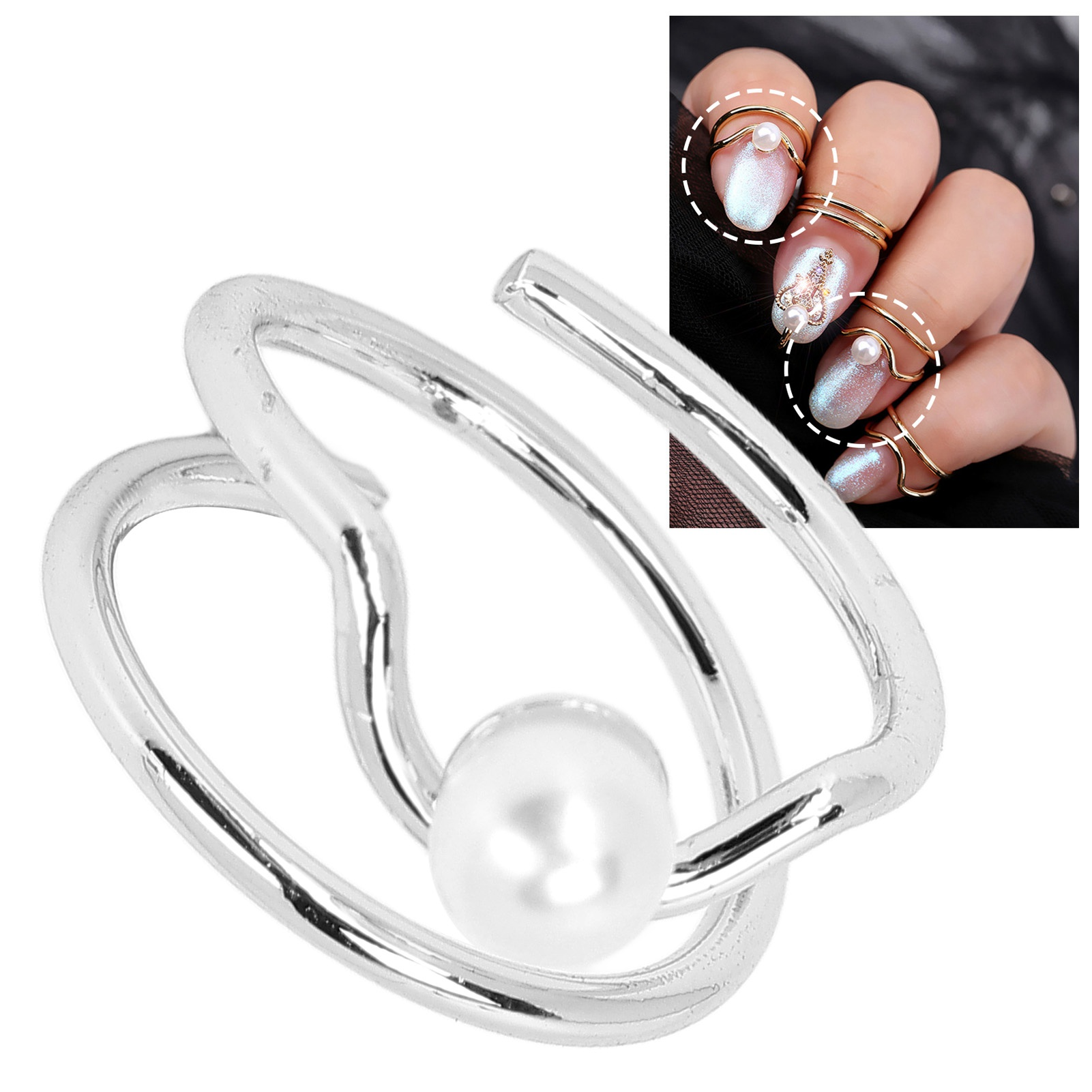 Nahaufnahme eines silbernen Nagelrings mit einer weißen Perle. Ein kleineres Bild zeigt den Ring an einem Finger mit Perle.