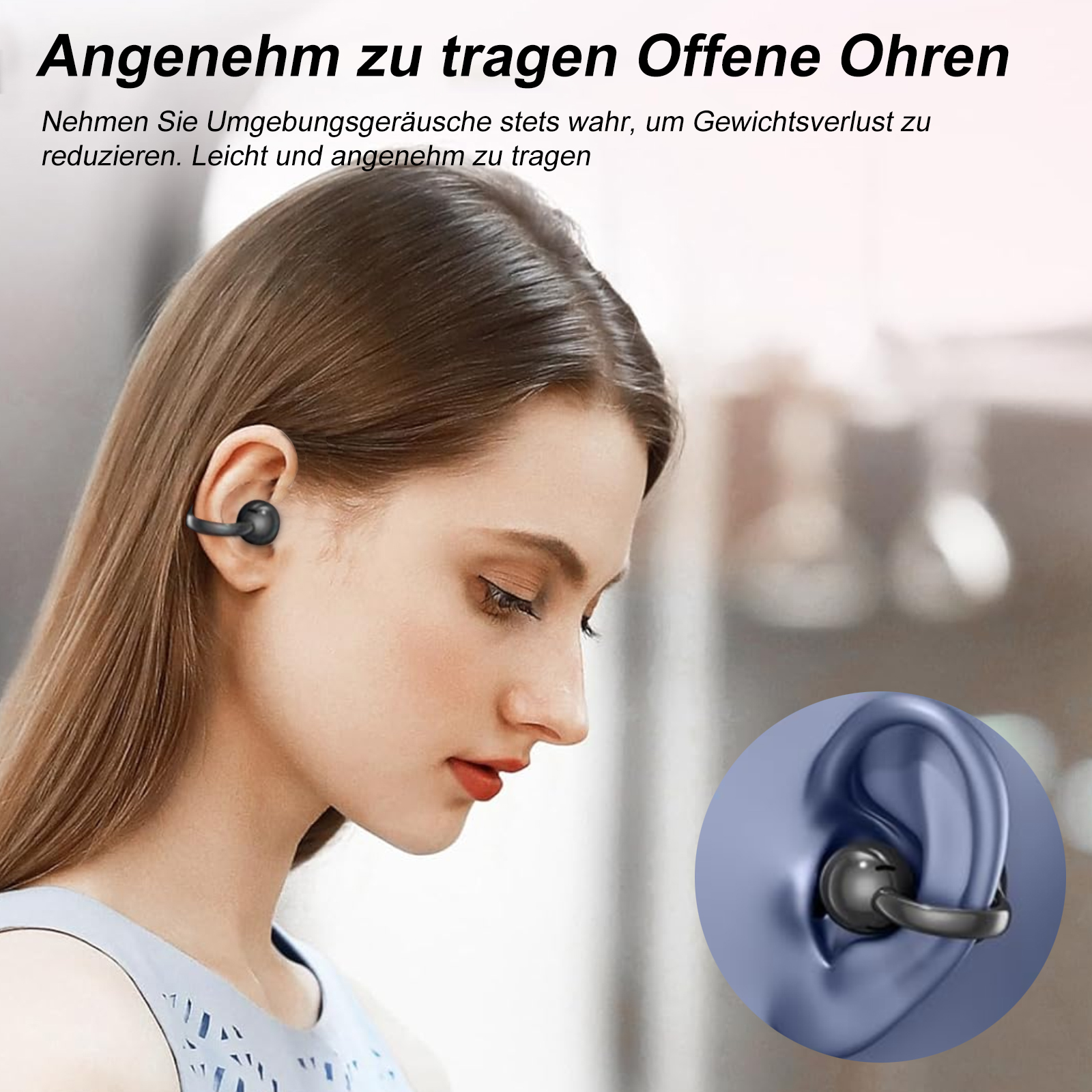 Eine Frau mit einem schwarzen Ohrhörer, ein Diagramm zeigt den Ohrhörer und wie er in das Ohr passt.