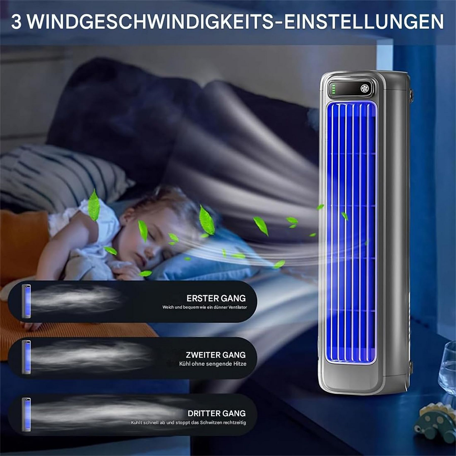Ein Kind schläft in einem Bett, und ein Ventilator bläst Luft durch. Es gibt Text, der verschiedene Lüftergeschwindigkeiten und Luftströmung anzeigt.