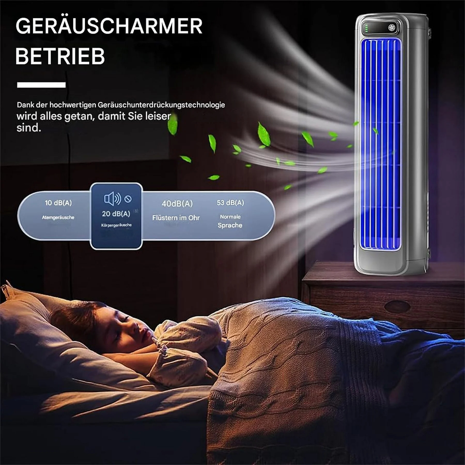 Ein Kind schläft im Bett, während ein hoher Ventilator Luft bläst. Geräuschpegel werden neben dem Ventilator angezeigt.
