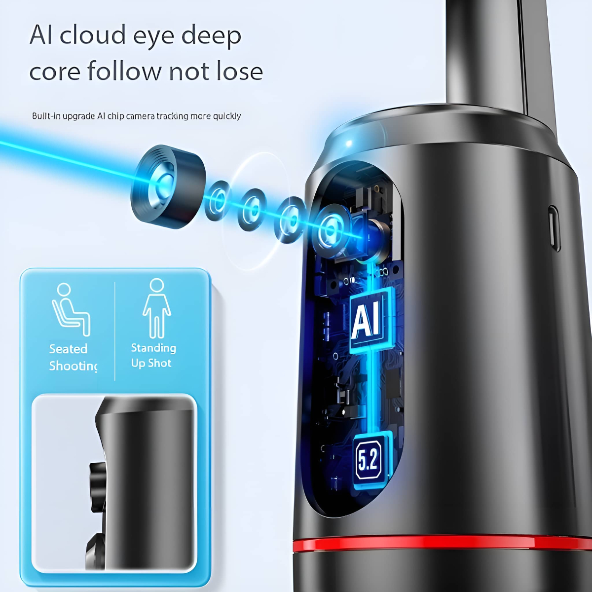 Ein schwarzes und rotes Gerät mit blauen Lichtstrahlen. Symbole von Personen werden angezeigt. Text: AI cloud eye deep core follow not lose.