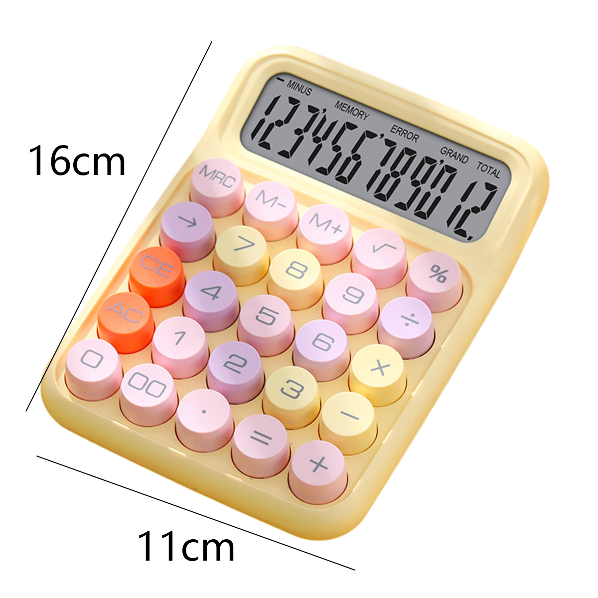 Ein gelber Taschenrechner mit bunten Tasten. Die Abmessungen betragen 16 cm x 11 cm. Das Display zeigt Zahlen an.
