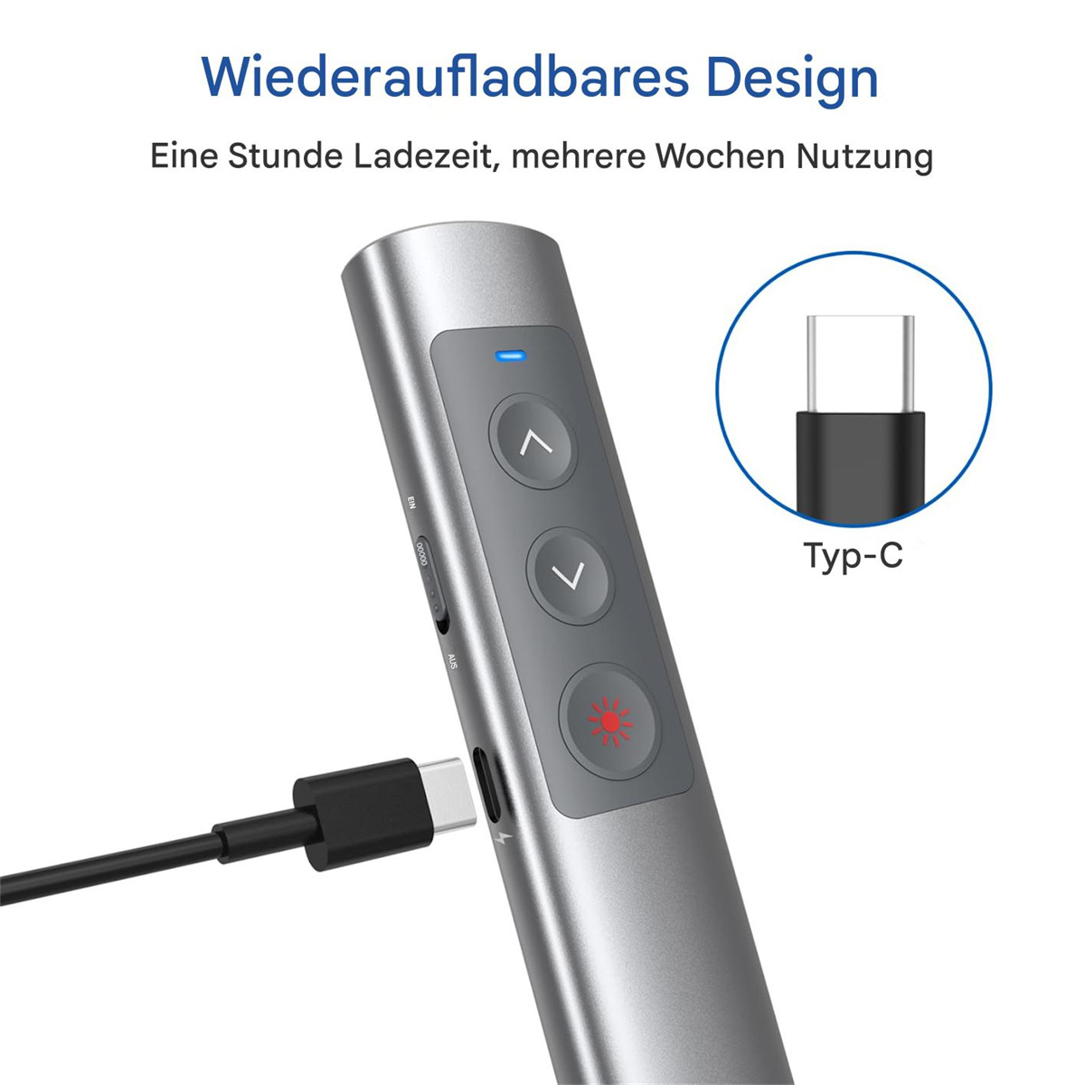 Ein silberner Präsentationspointer mit einem USB-C-Kabel. Der Pointer hat Tasten zur Navigation und ein rotes Licht.