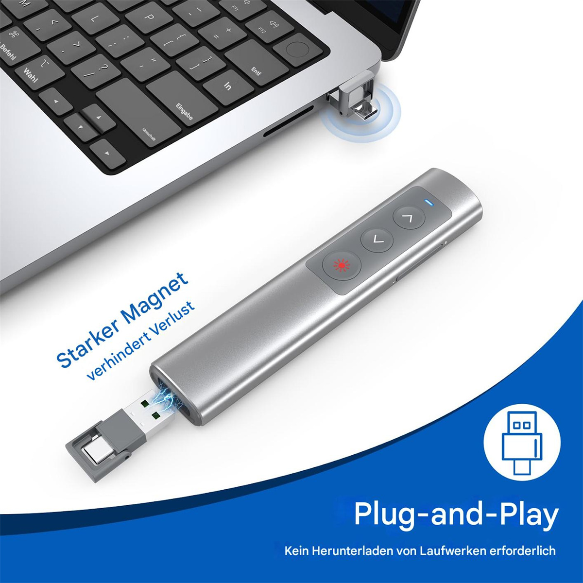 Eine silberne Präsentationsfernbedienung, die an einen Laptop angeschlossen ist, mit Plug-and-Play-Text.