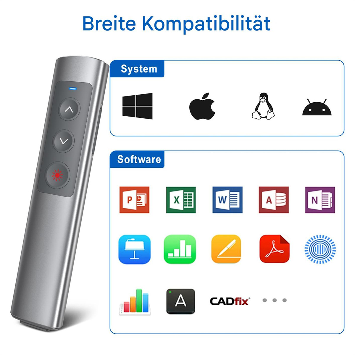 Eine silberne Präsentationsfernbedienung mit Symbolen für System- und Softwarekompatibilität.
