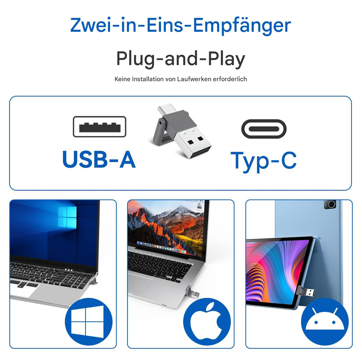 Ein USB-A- und USB-C-Adapter für Laptops und Tablets, mit verschiedenen Geräten, die seine Verwendung demonstrieren.