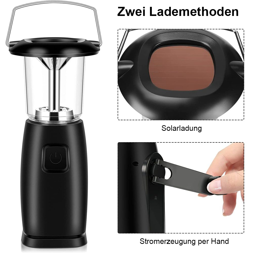 Eine schwarze Laterne mit zwei Lademethoden: Solar und Handkurbel.