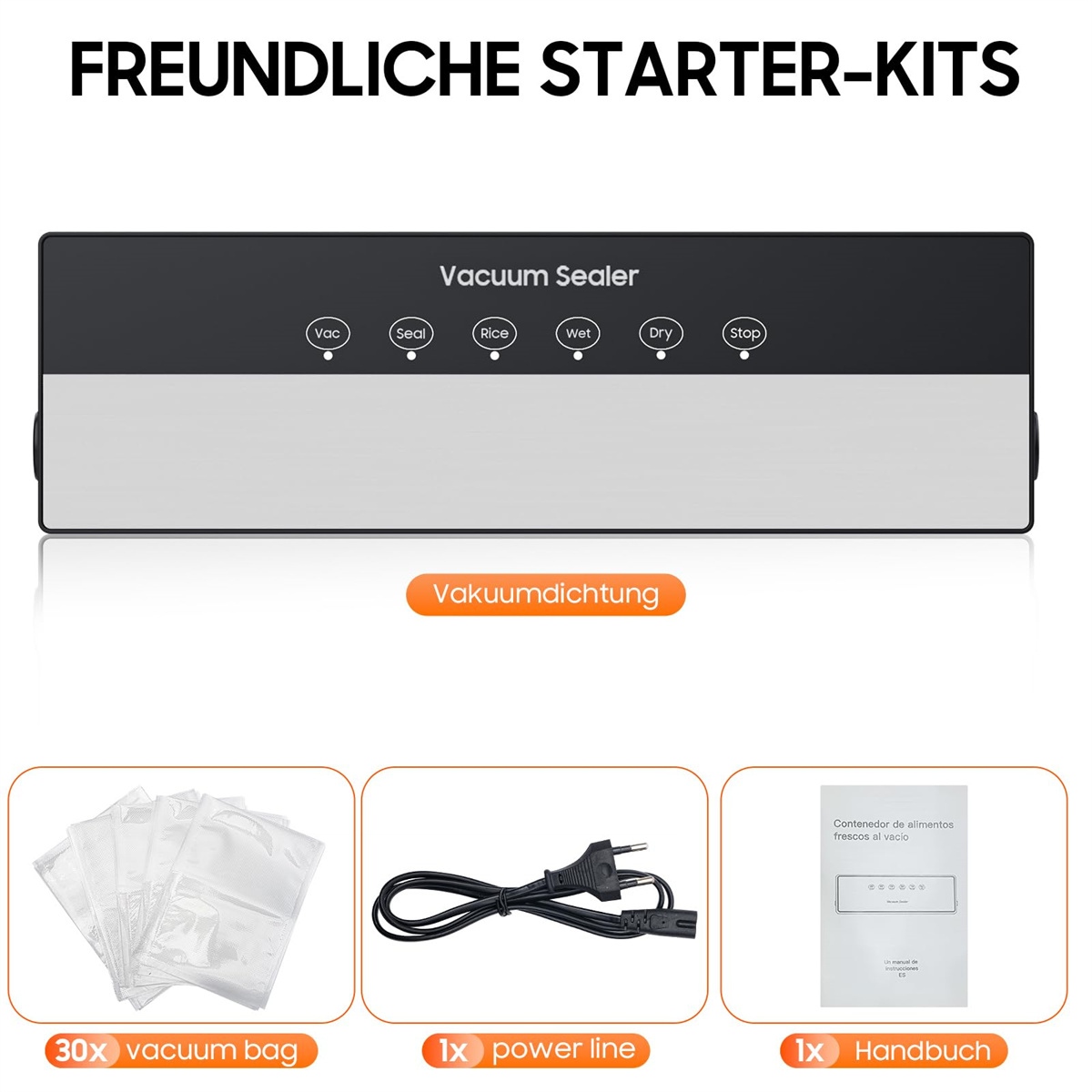Vakuumiergerät mit 30 Vakuumbeuteln, Stromkabel und Handbuch.