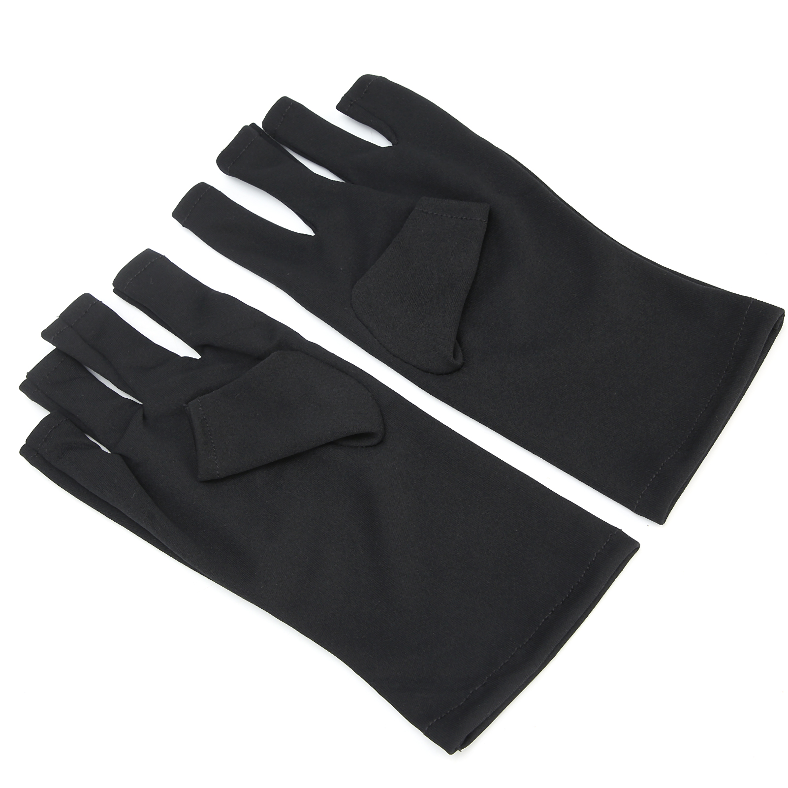 Schwarze fingerlose Handschuhe. Die Handschuhe liegen auf einer weißen Oberfläche.