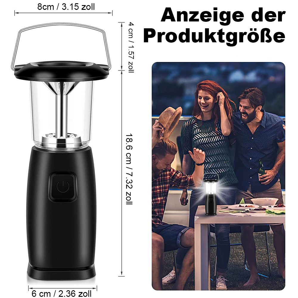 Schwarze Laterne mit Abmessungen und Leuten, die im Hintergrund campen. Inklusive Maße in cm und Zoll.