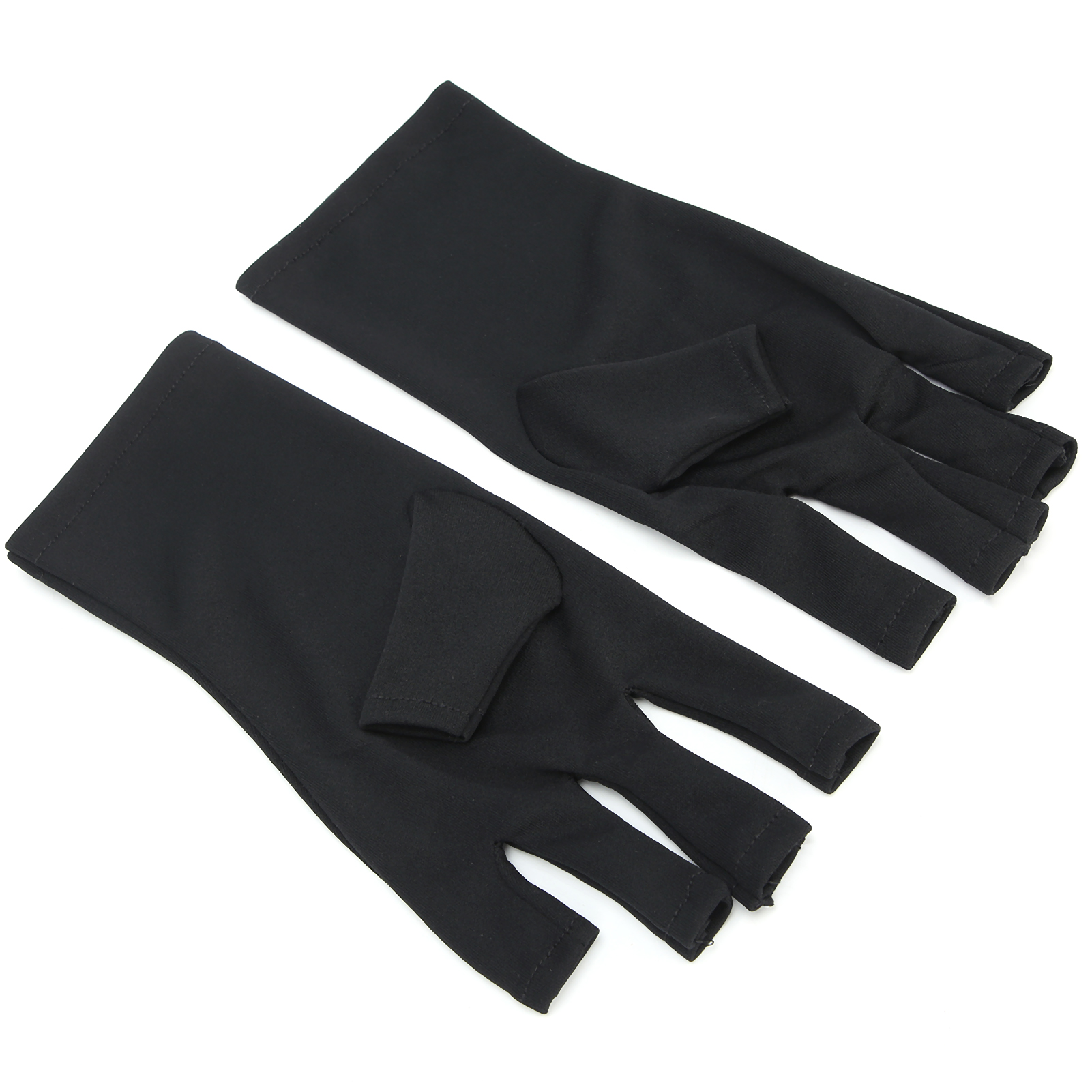 Zwei schwarze fingerlose Handschuhe mit Daumen- und zwei Fingeröffnungen auf weißem Hintergrund.