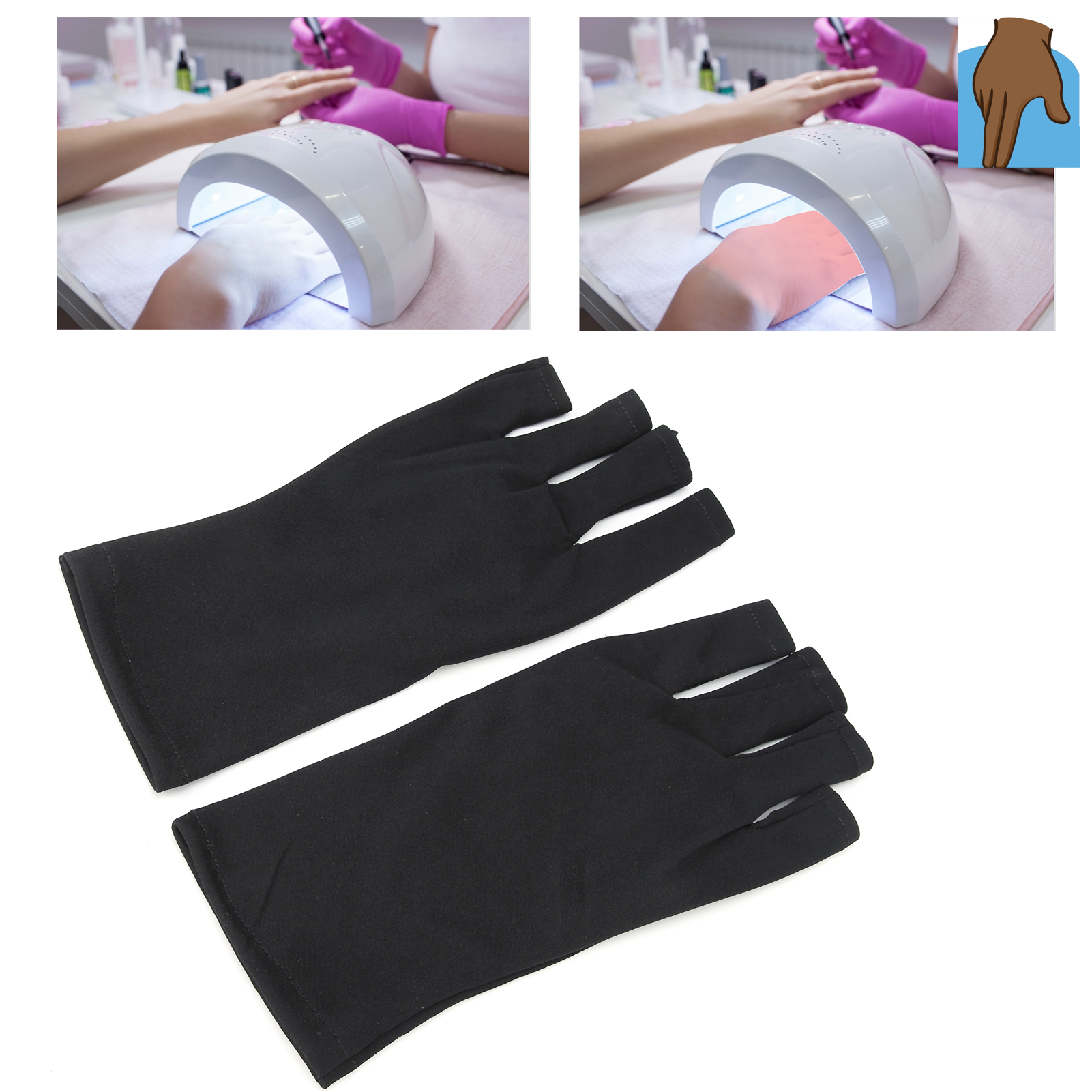 Zwei Bilder, die schwarze fingerlose Handschuhe zeigen, die während einer Maniküre mit einer UV-Lampe verwendet werden.