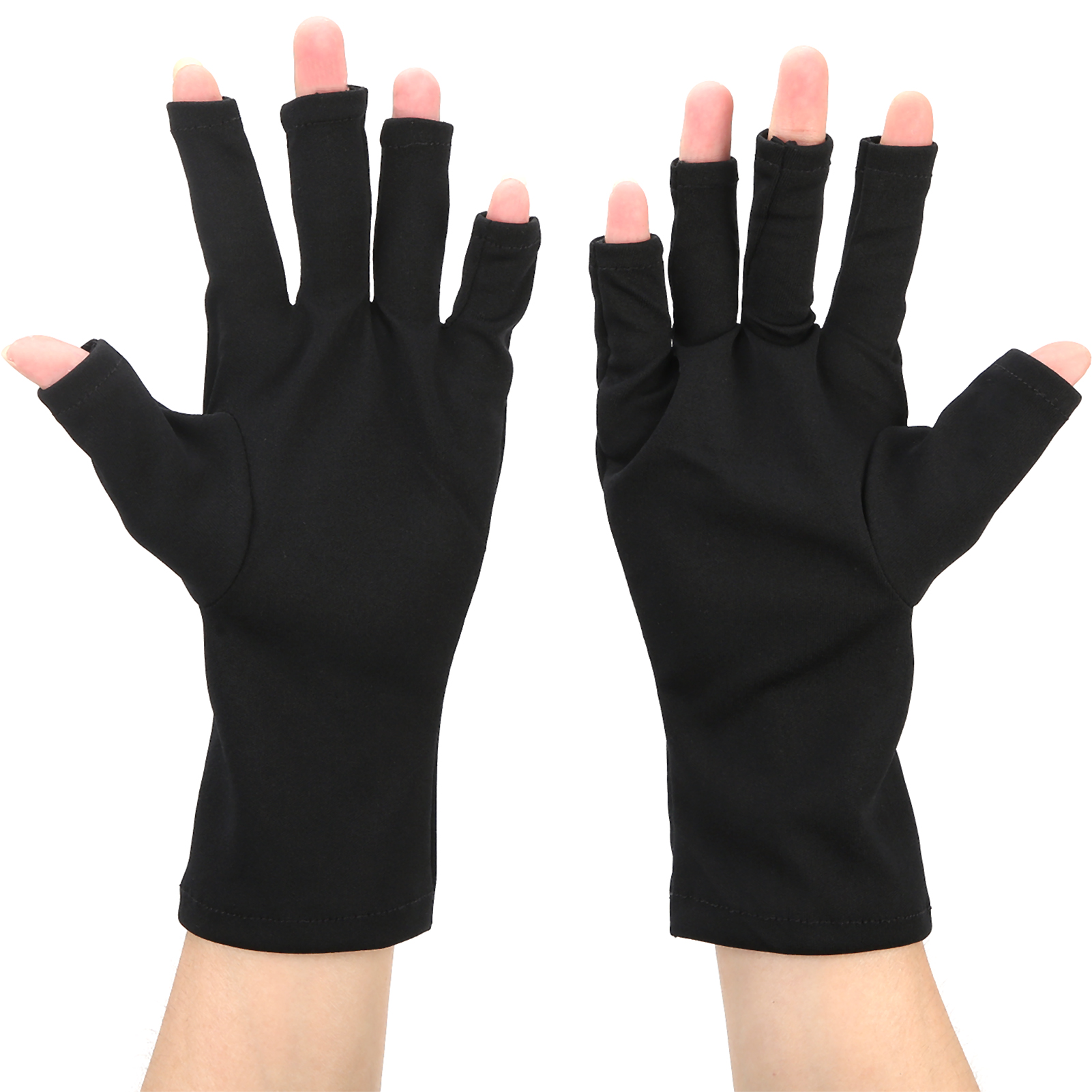 Zwei schwarze fingerlose Handschuhe mit Öffnungen für alle Finger, auf weißem Hintergrund.