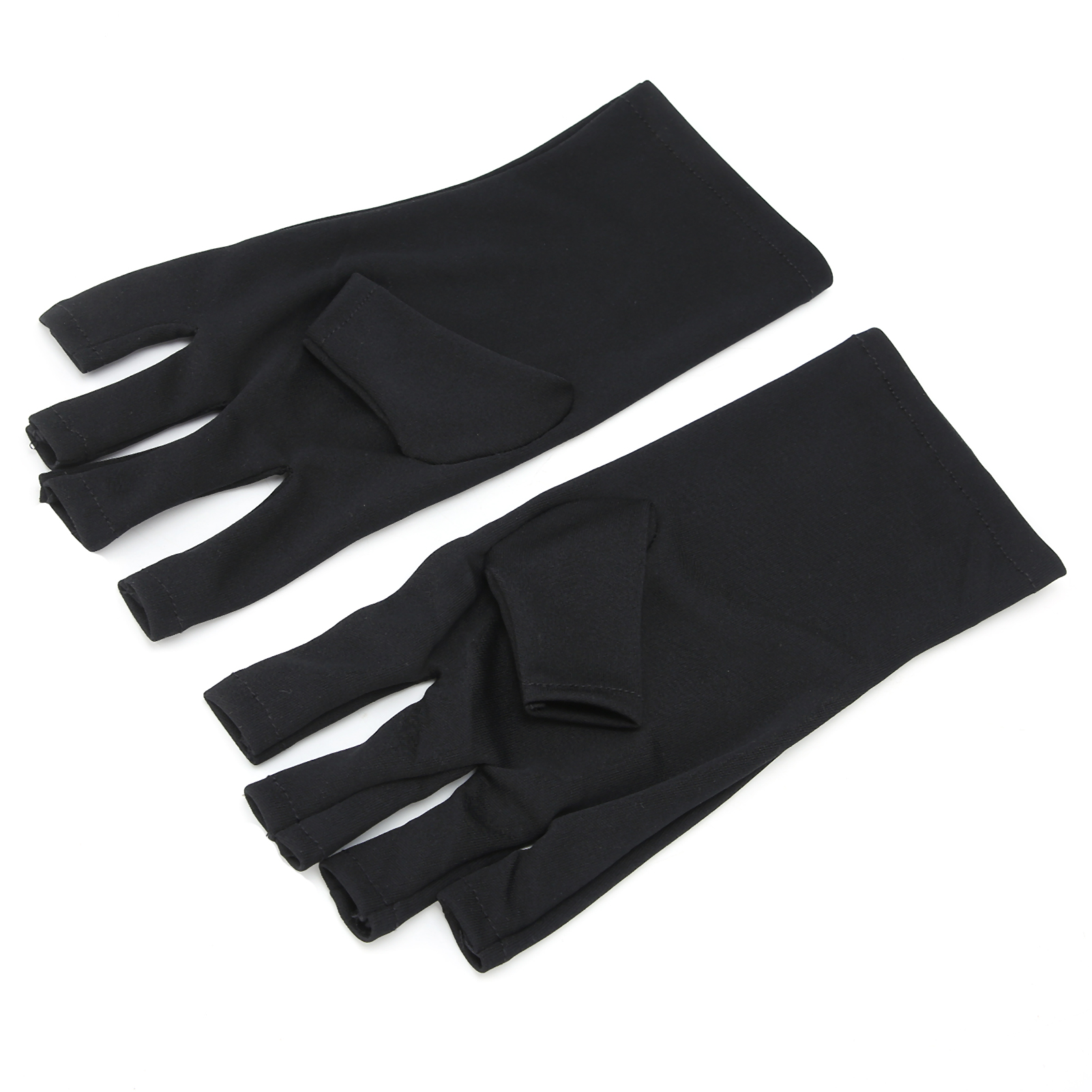 Zwei schwarze fingerlose Handschuhe mit Öffnungen für Daumen und zwei Finger.