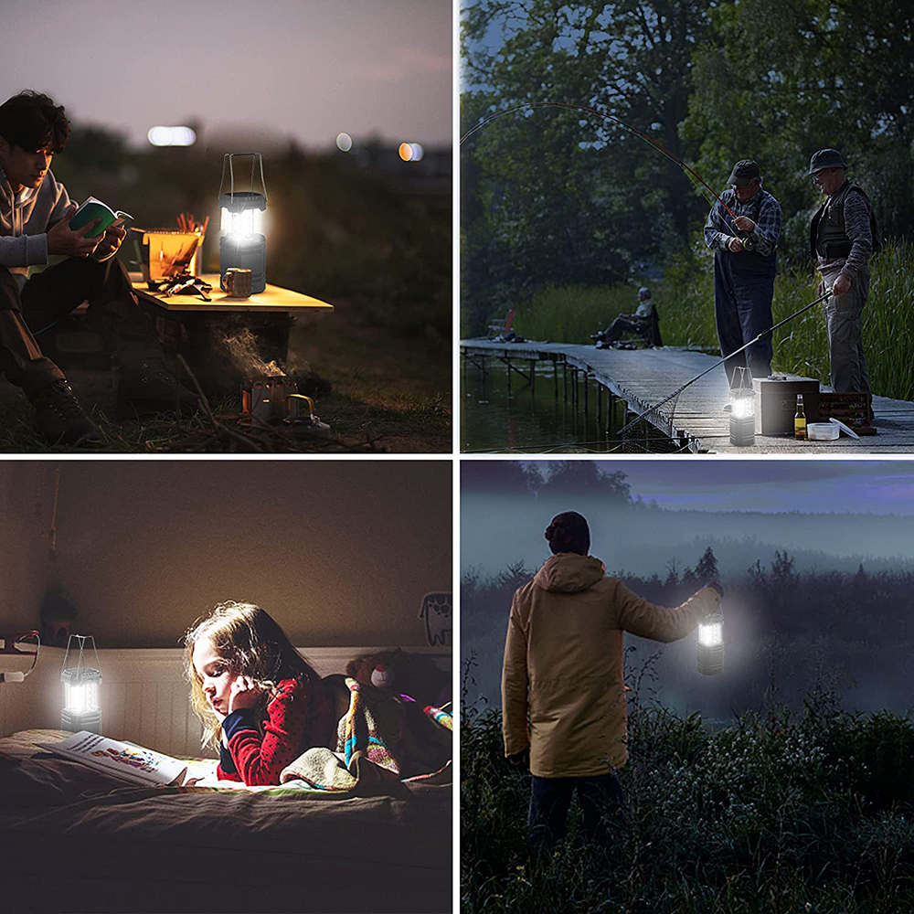 Vier Bilder, die die Verwendung einer Laterne in verschiedenen Umgebungen zeigen.