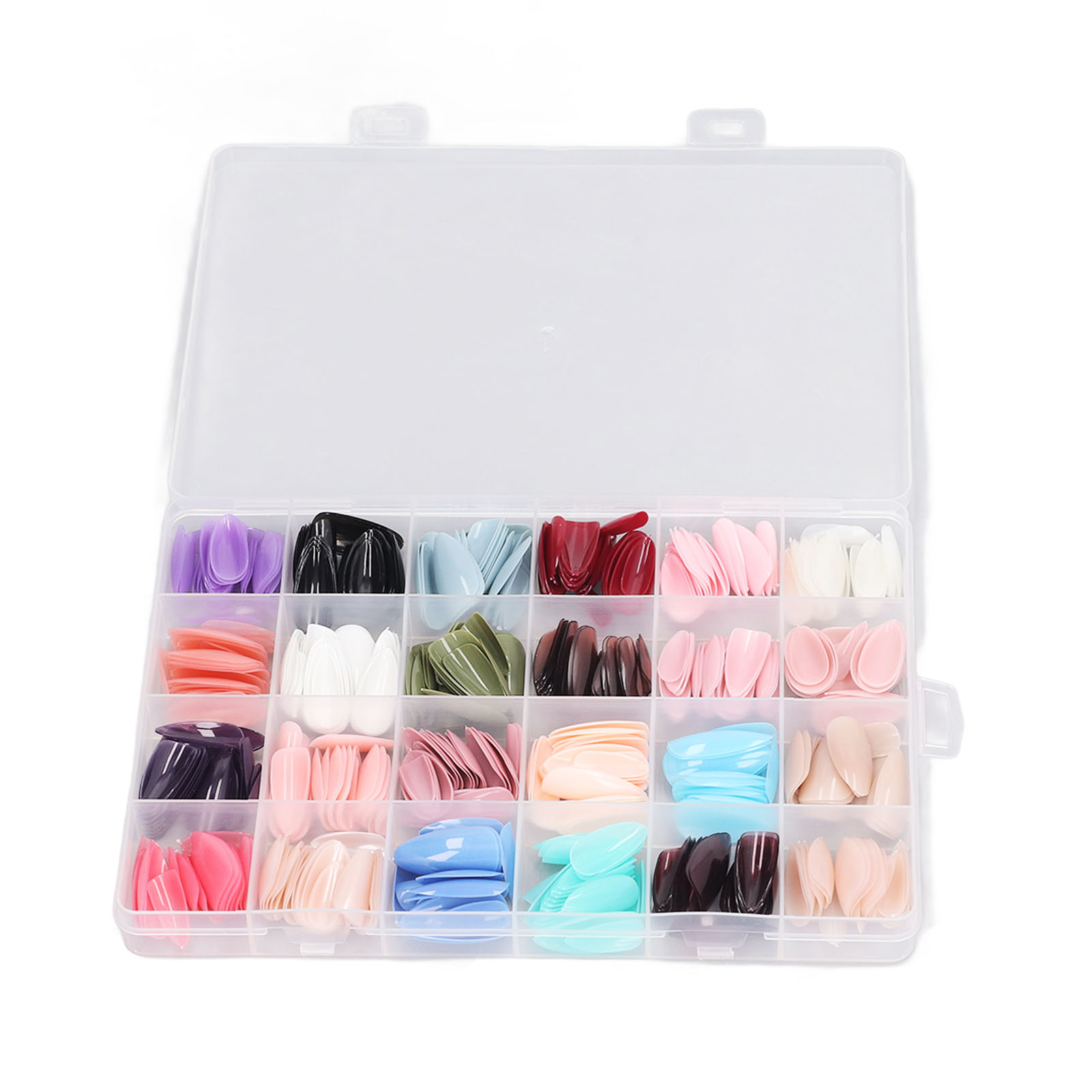 Eine transparente Plastikbox gefüllt mit bunten künstlichen Nägeln. Nägel sind in verschiedenen Formen und Farben.