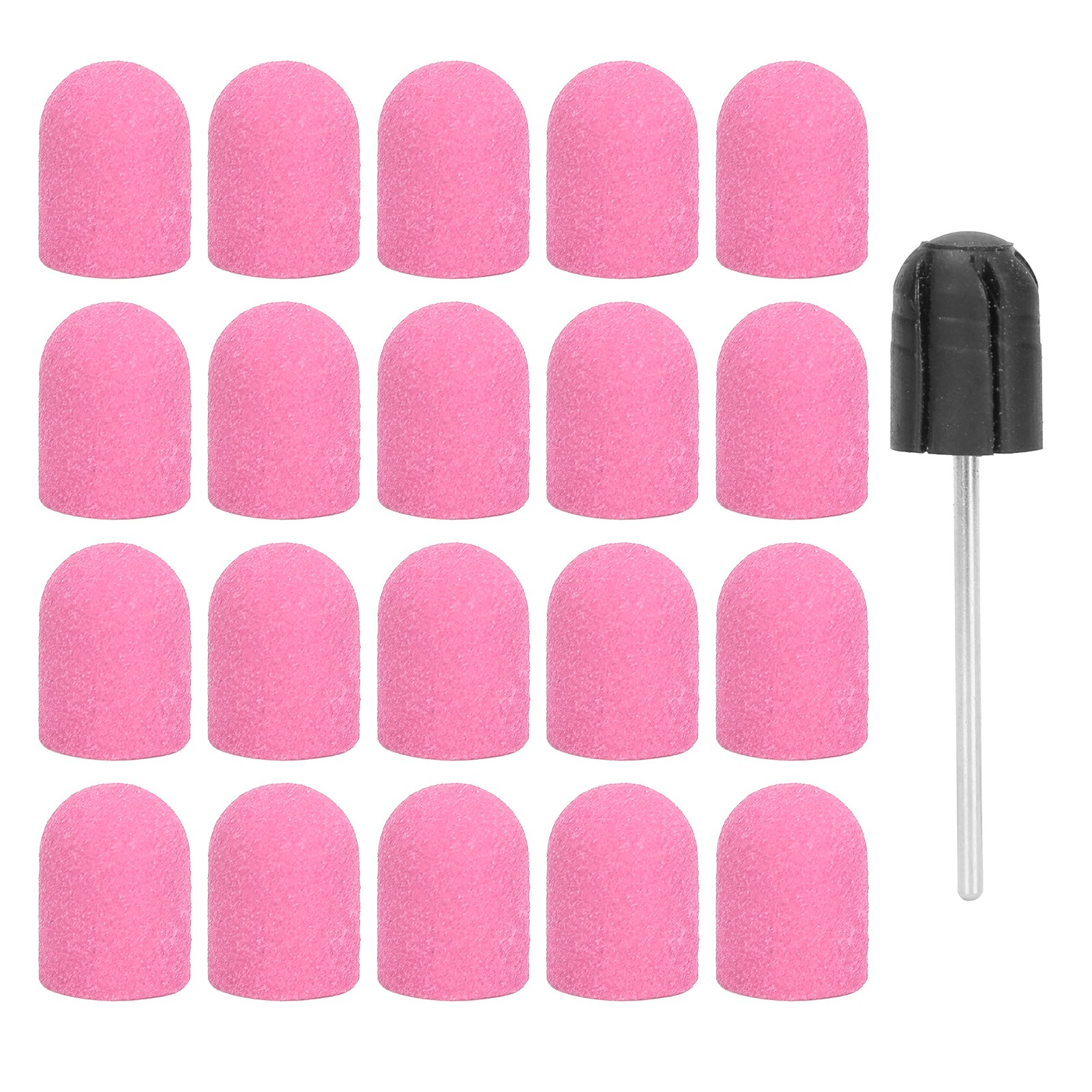 Sechzehn rosa Nagelfeilen und ein schwarzer Bohrer mit silbernem Schaft, vor weißem Hintergrund.