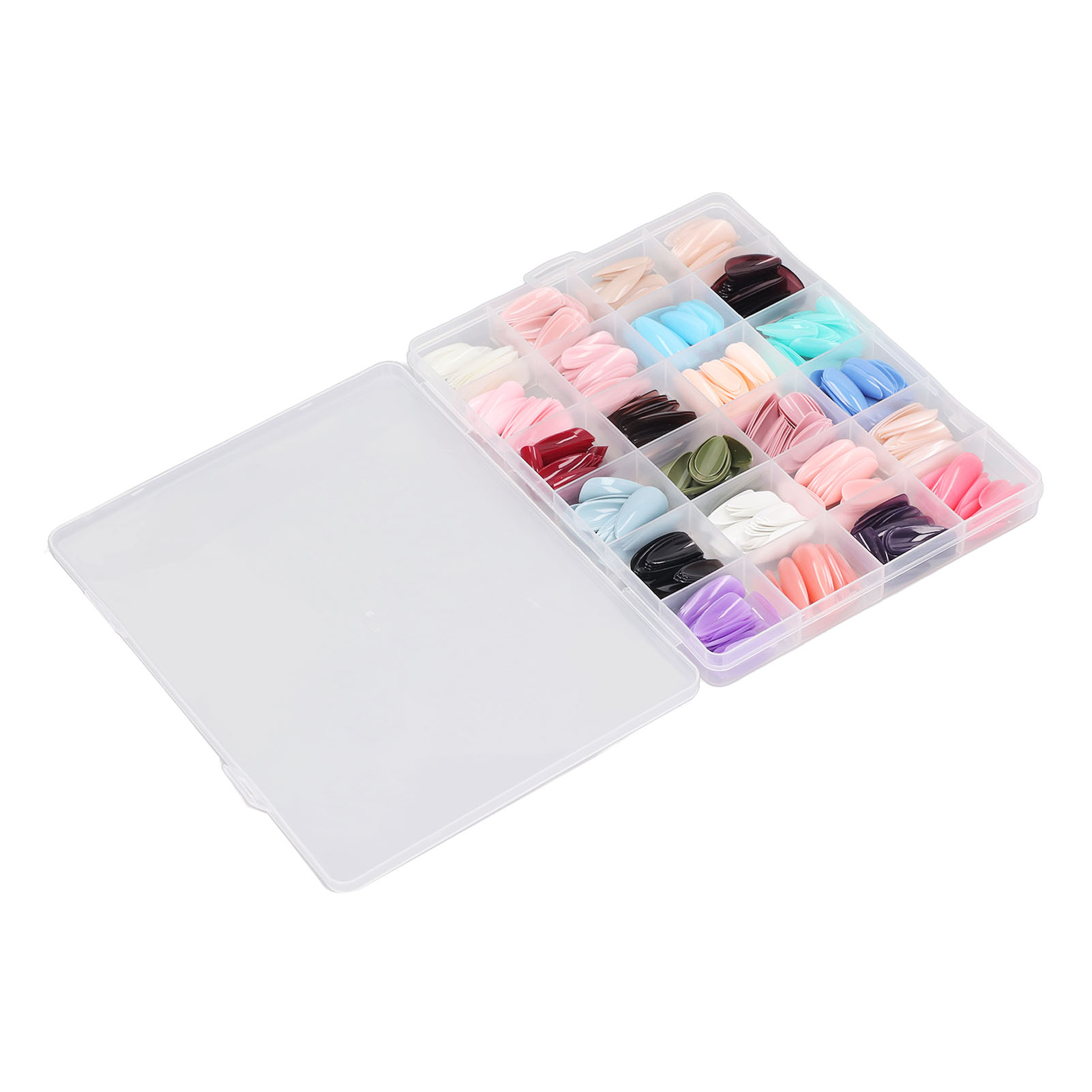 Eine transparente Plastikbox enthält verschiedene künstliche Nägel in verschiedenen Farben und Formen. Die Box ist geöffnet und zeigt die Nägel.