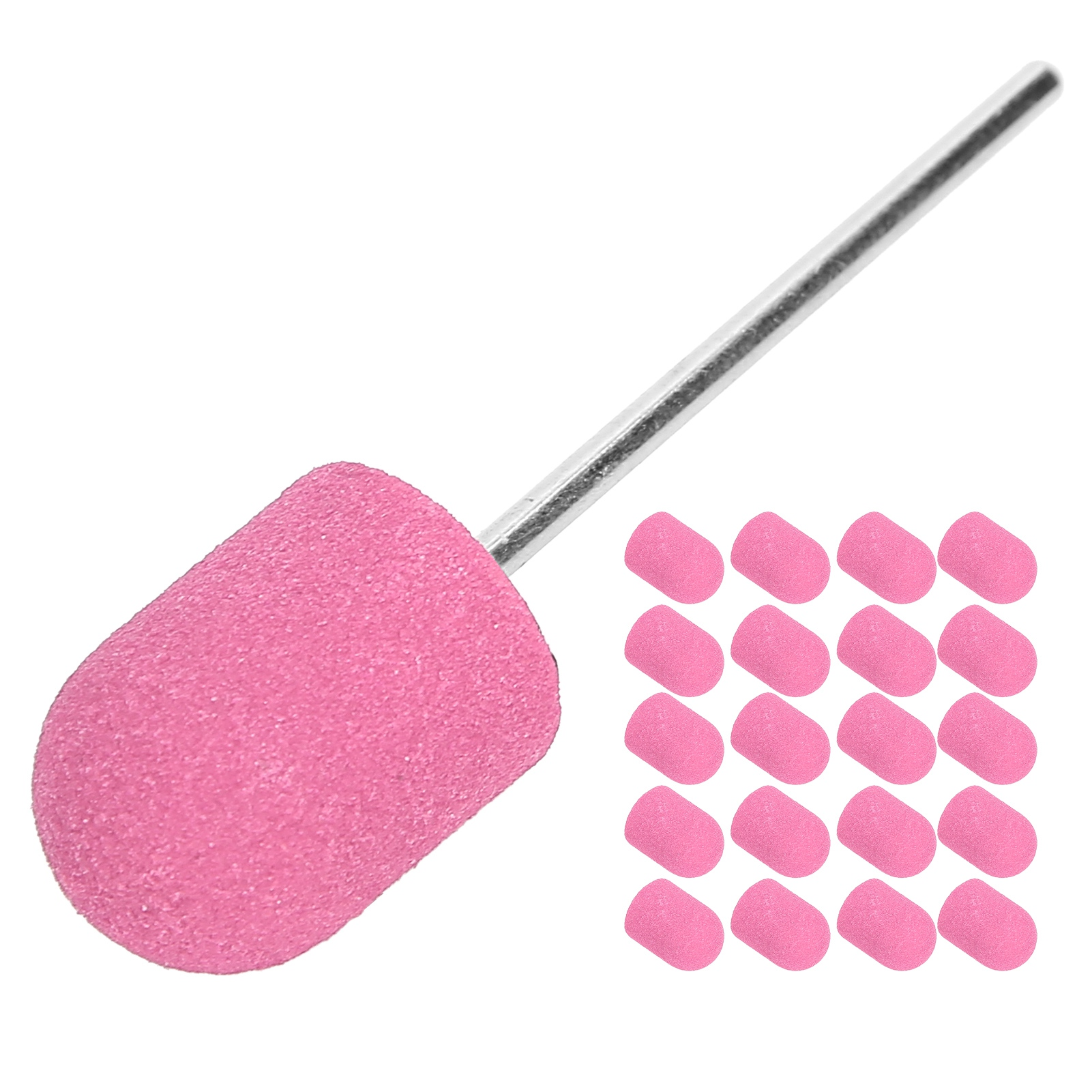 Ein rosa, kegelförmiger Nagelbohrer mit einem silbernen Schaft und eine Gruppe rosa Nagelfeilen.
