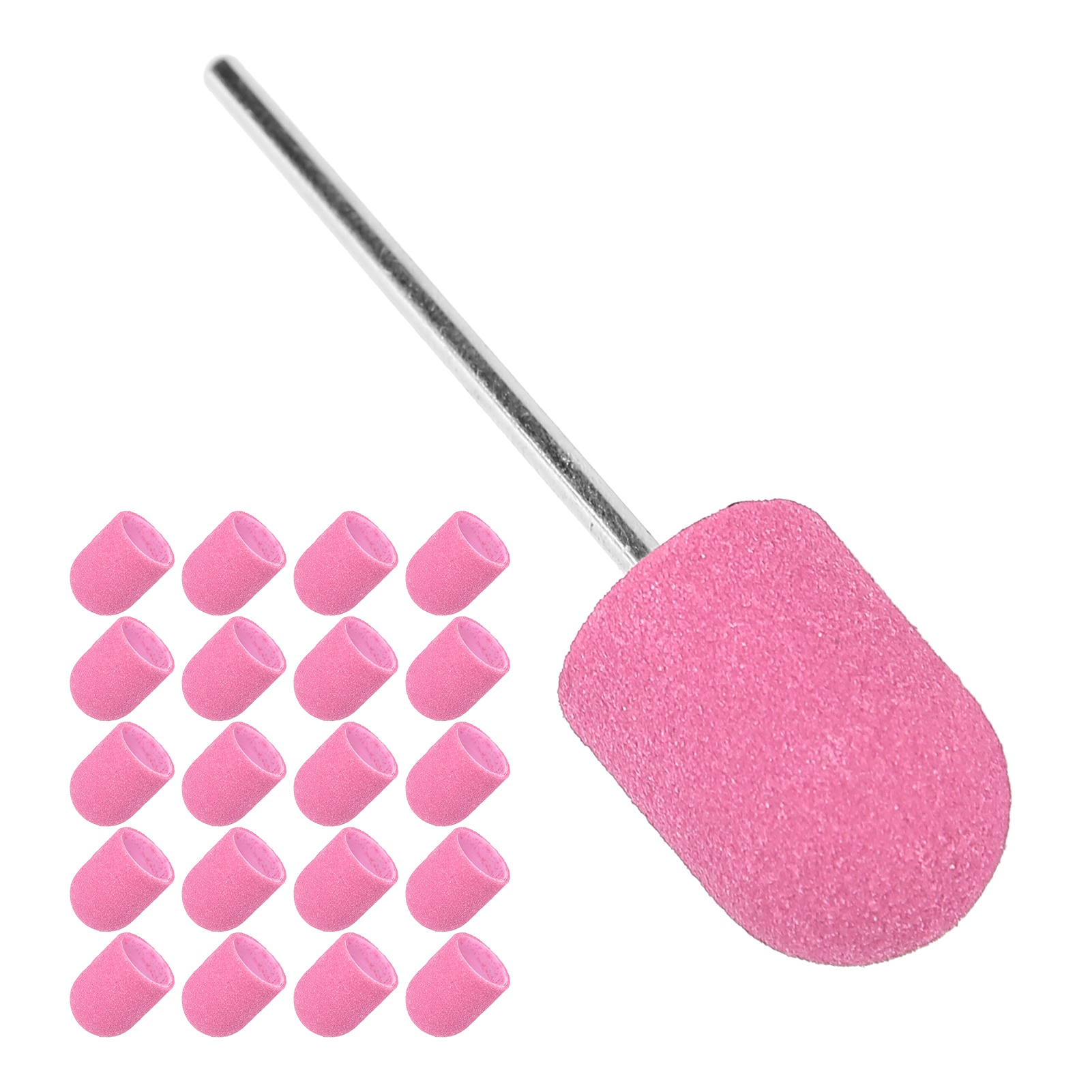 Ein rosa, kegelförmiger Nagelbohrer mit silbernem Schaft und sechzehn rosa Nagelfeilen links.