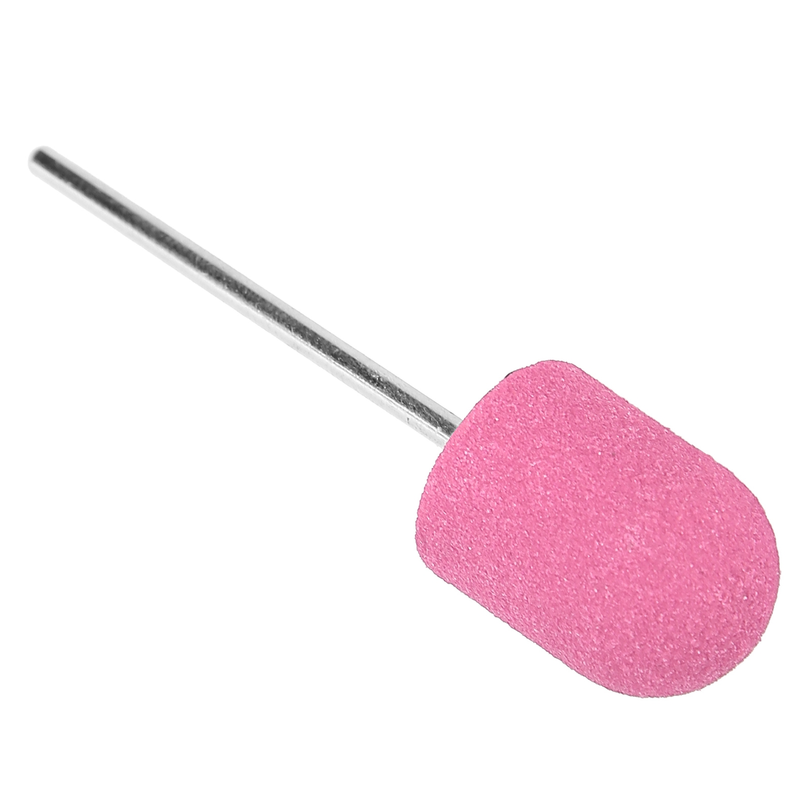 Ein rosa Nagelbohrer-Aufsatz. Es hat eine abgerundete Kegelform auf einer silbernen Stange.