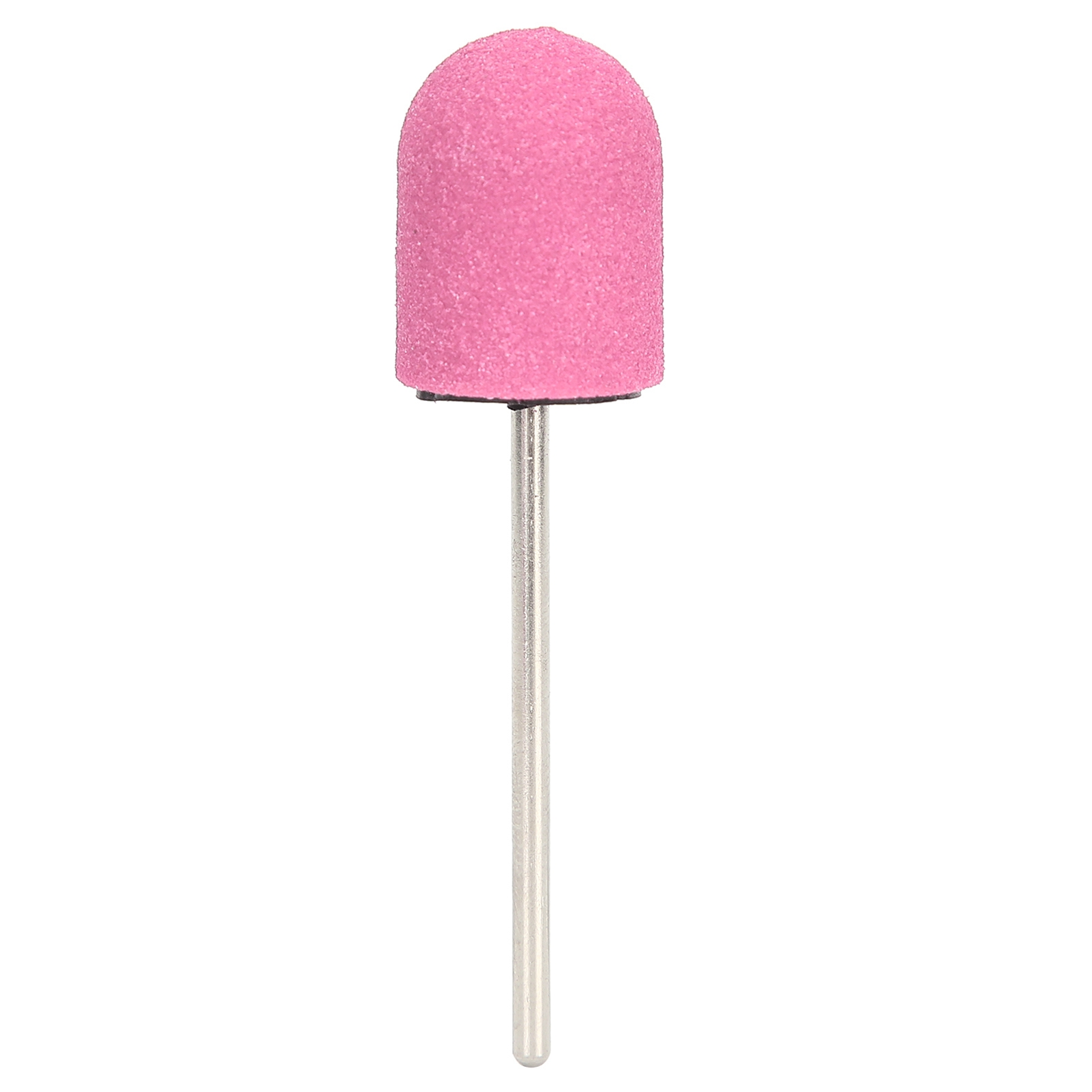 Ein pinkfarbener Nagelfräser-Bit, zylindrische Form, mit silbernem Schaft, vor weißem Hintergrund. Es ist eine Nahaufnahme.