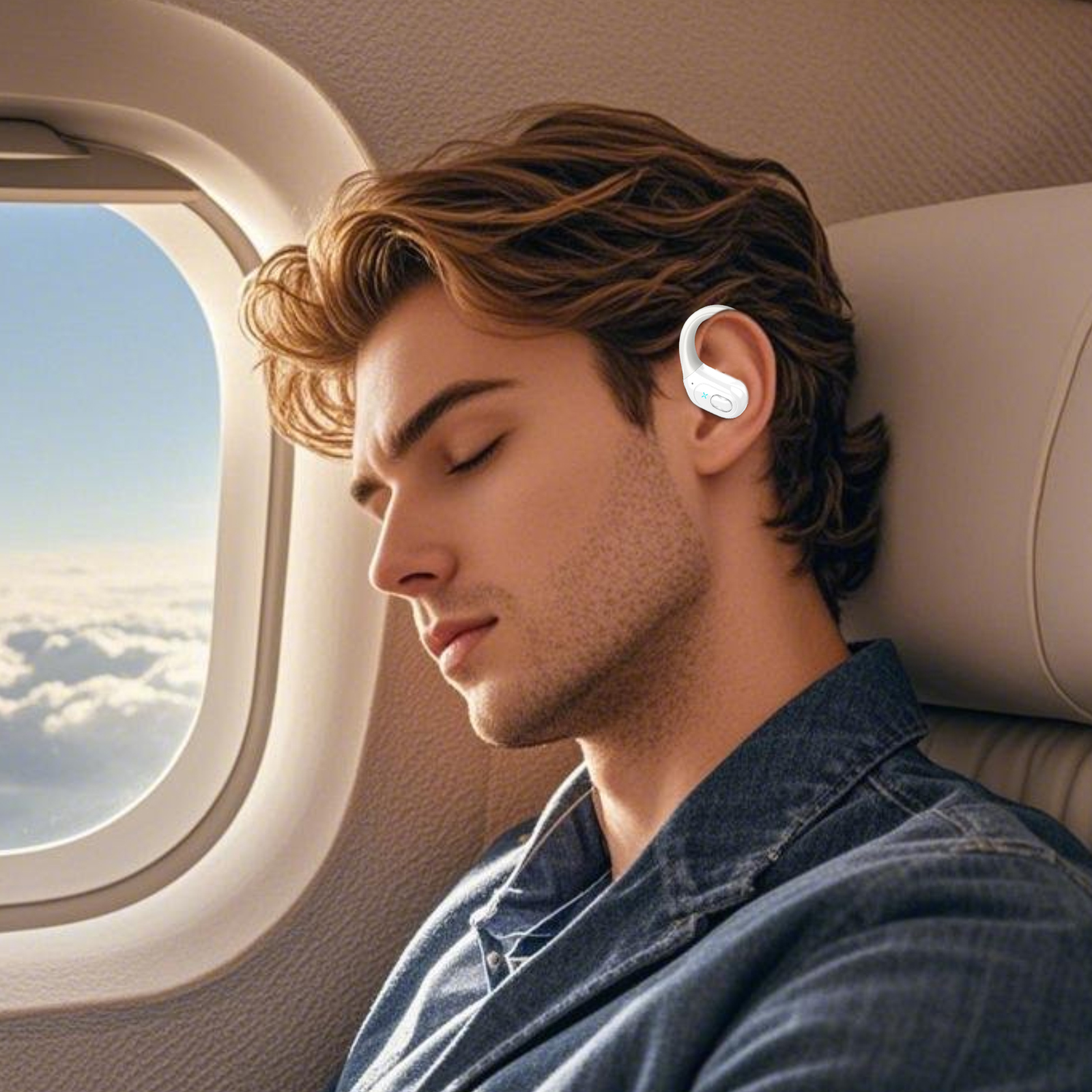 Ein Mann trägt weiße kabellose Ohrhörer. Er sitzt in einem Flugzeug, lehnt sich ans Fenster und scheint zu schlafen.