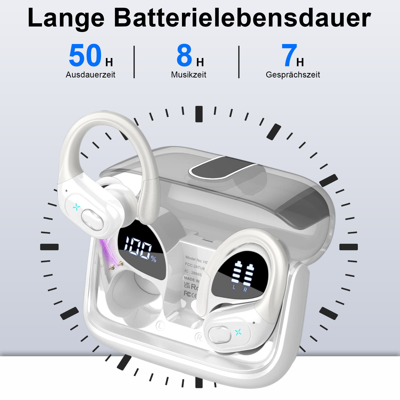 Weiße und graue kabellose Ohrhörer mit Ladecase, vor einem Ziffernblatt, das die Akkulaufzeit anzeigt.