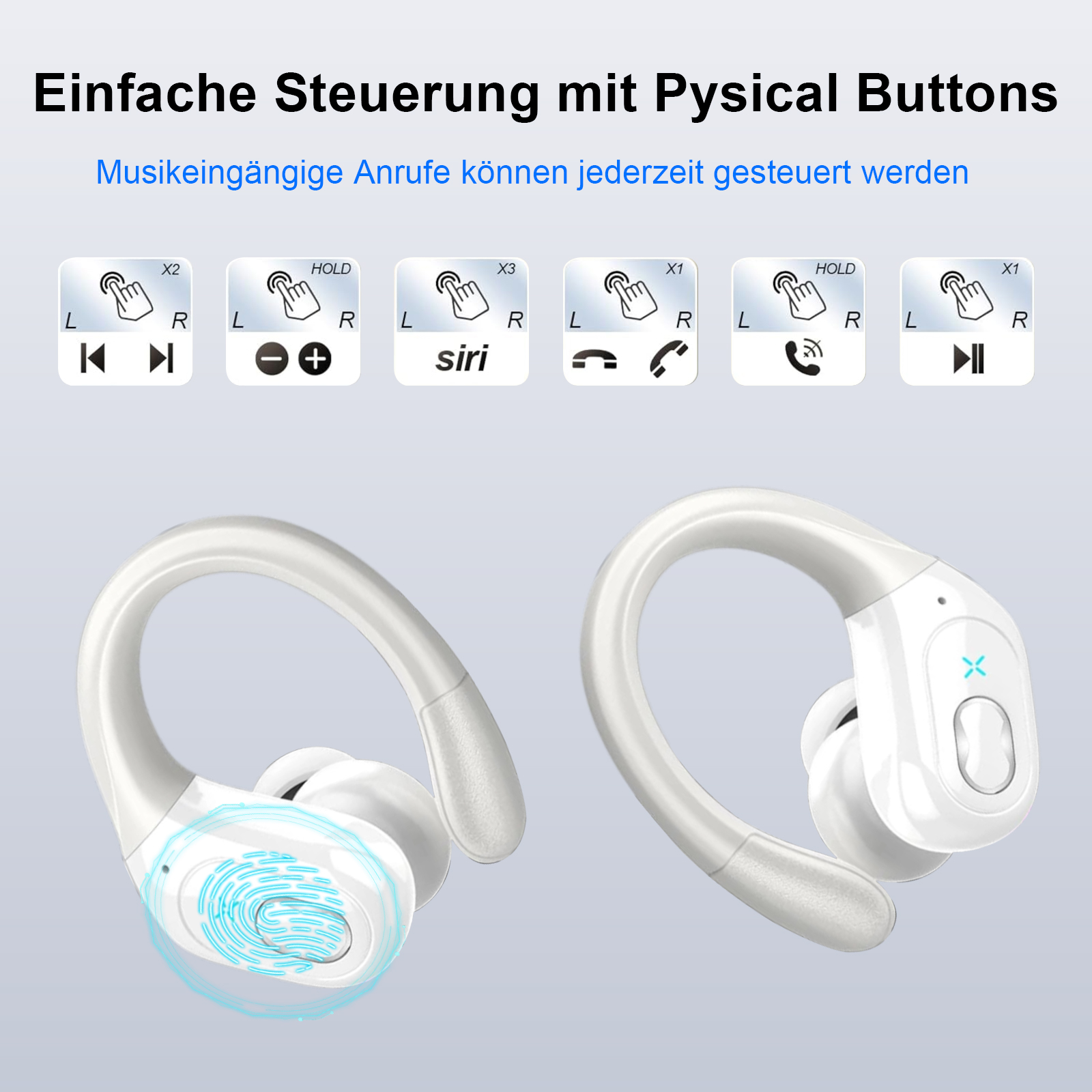 Zwei weiße und graue kabellose Ohrhörer, mit Steuerdiagrammen und Symbolen, vor helllila Hintergrund.