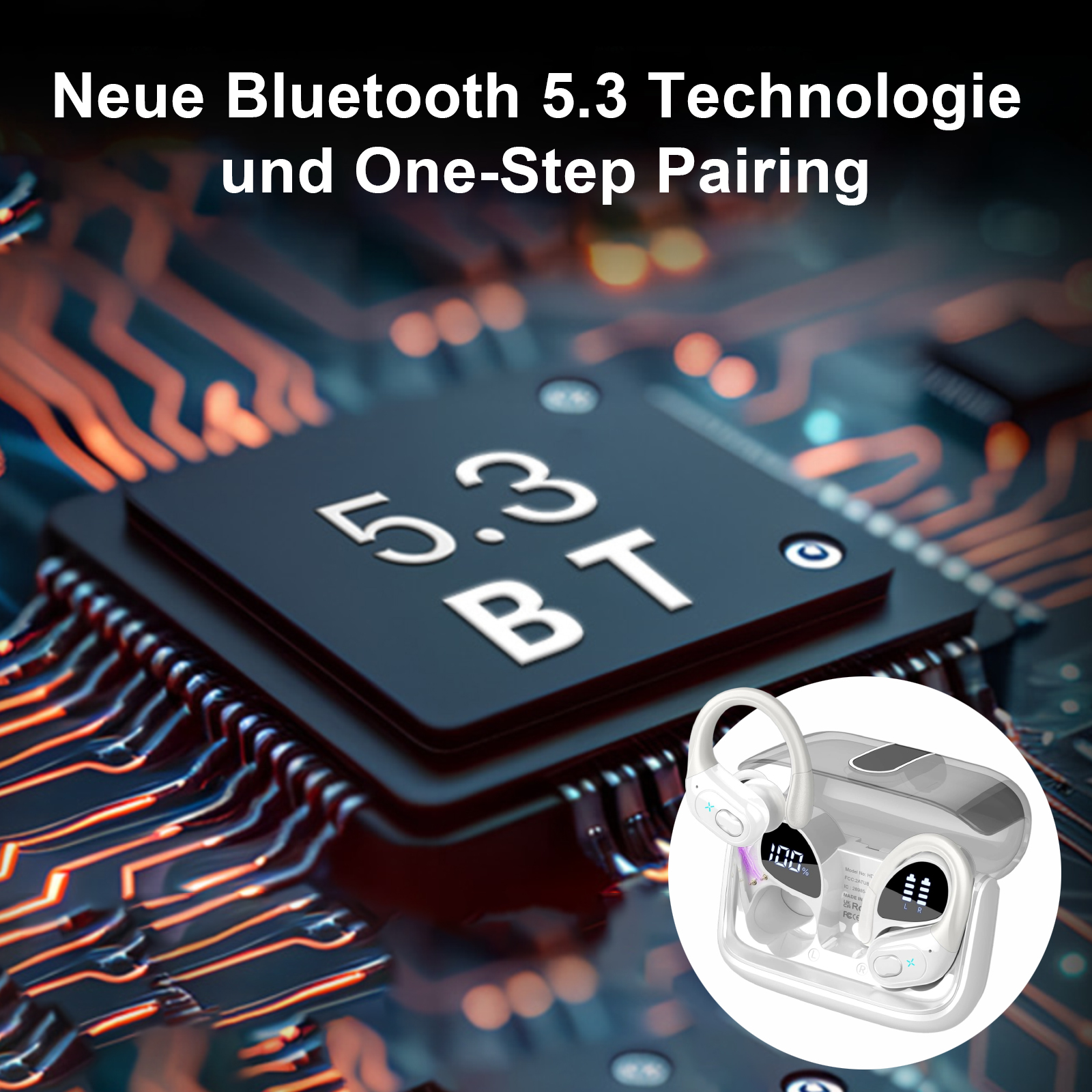 Bild zeigt eine Platine mit Text. Eine Kopfhörerhülle befindet sich in der Ecke. Bluetooth 5.3-Technologie.