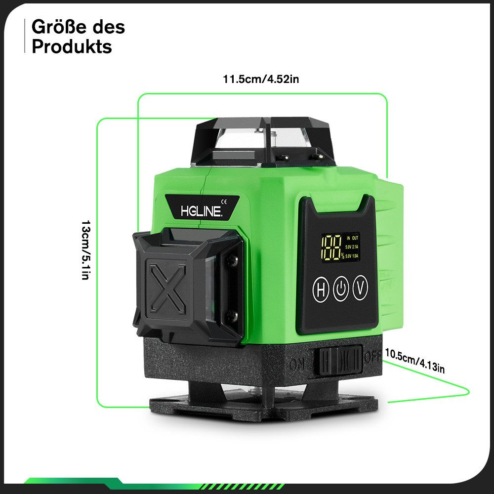 Grünes Laser-Niveau mit Abmessungen. Es hat ein digitales Display und Tasten. Das Laser-Niveau steht auf einem Sockel.