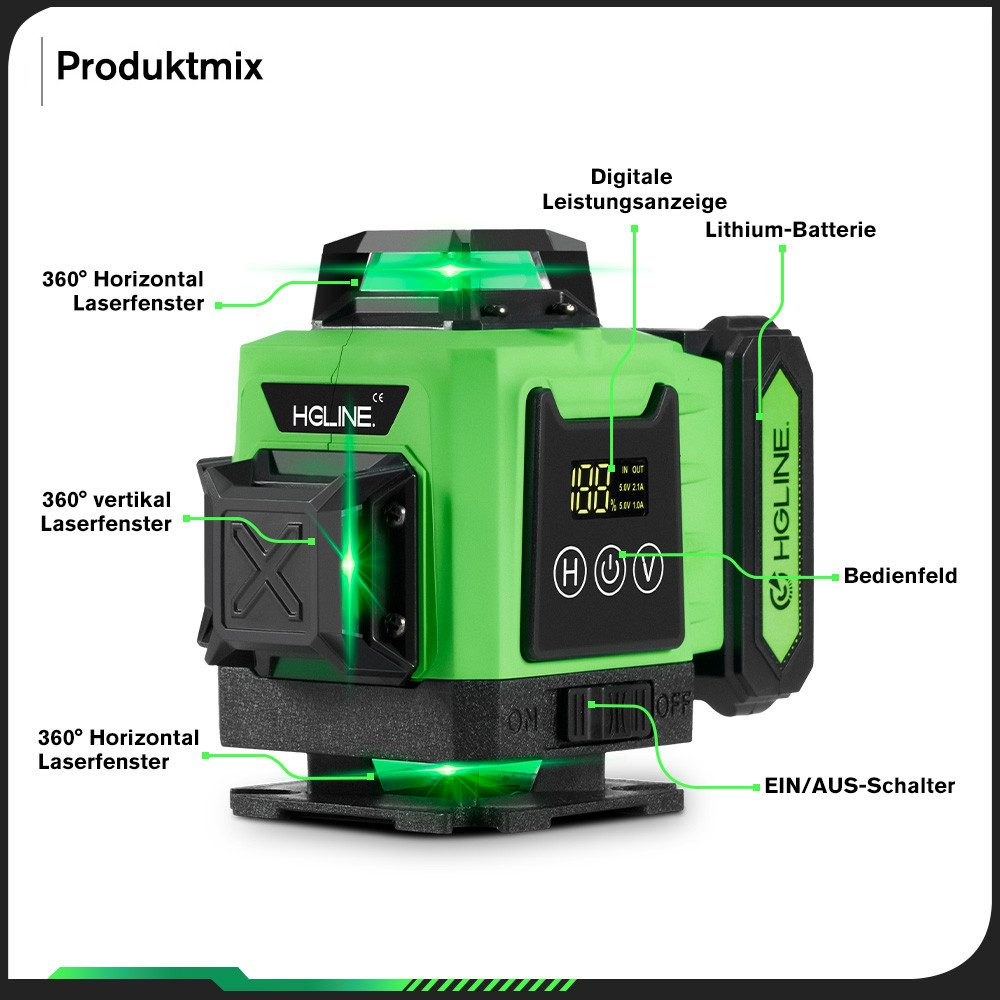 Grünes Laser-Niveau mit Beschriftungen, die auf Funktionen zeigen, einschließlich Digitalanzeige, Akku und Bedienelemente.